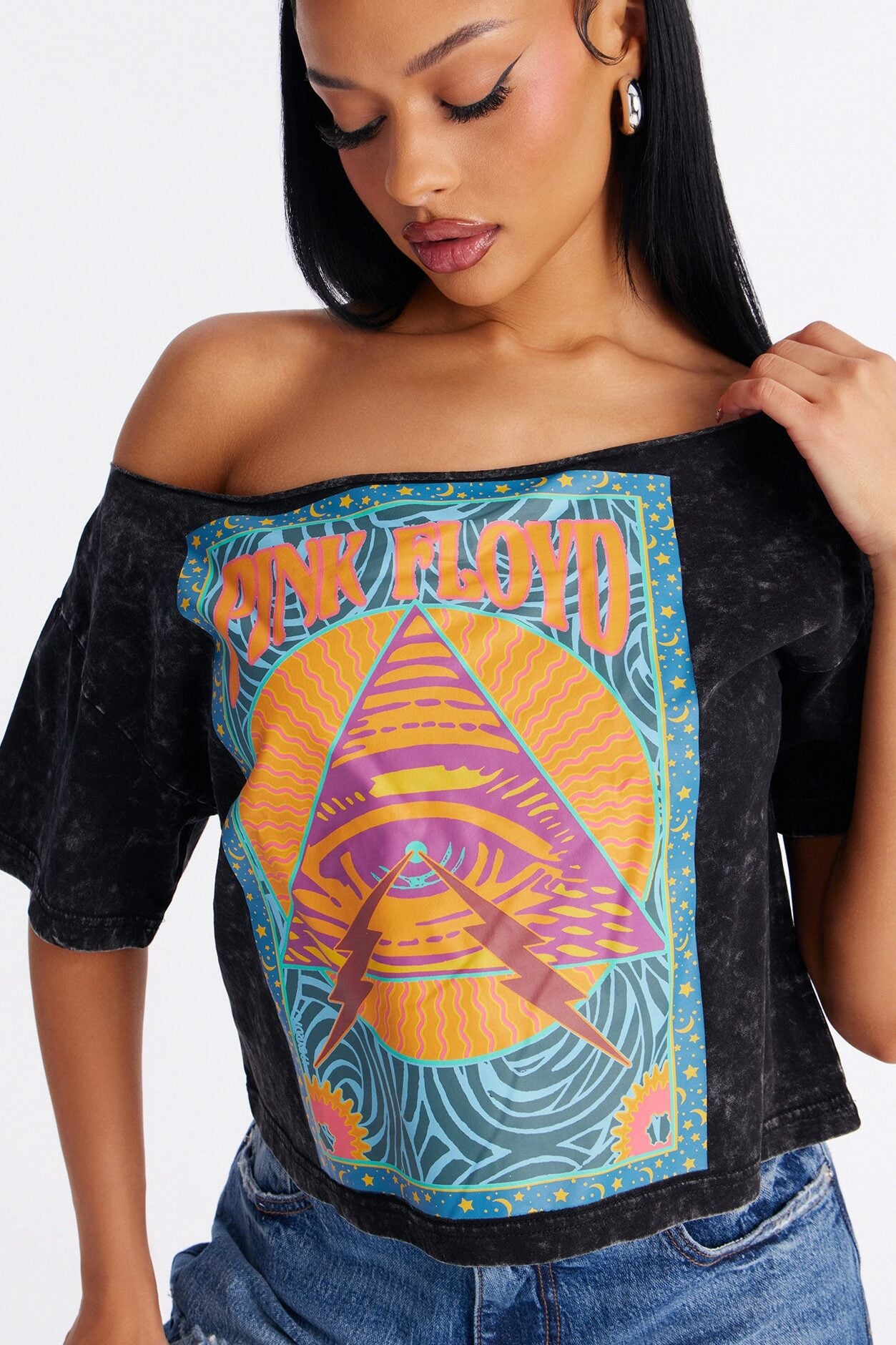 Pink Floyd Washed Off Shoulder Tee - Black Wash image 3