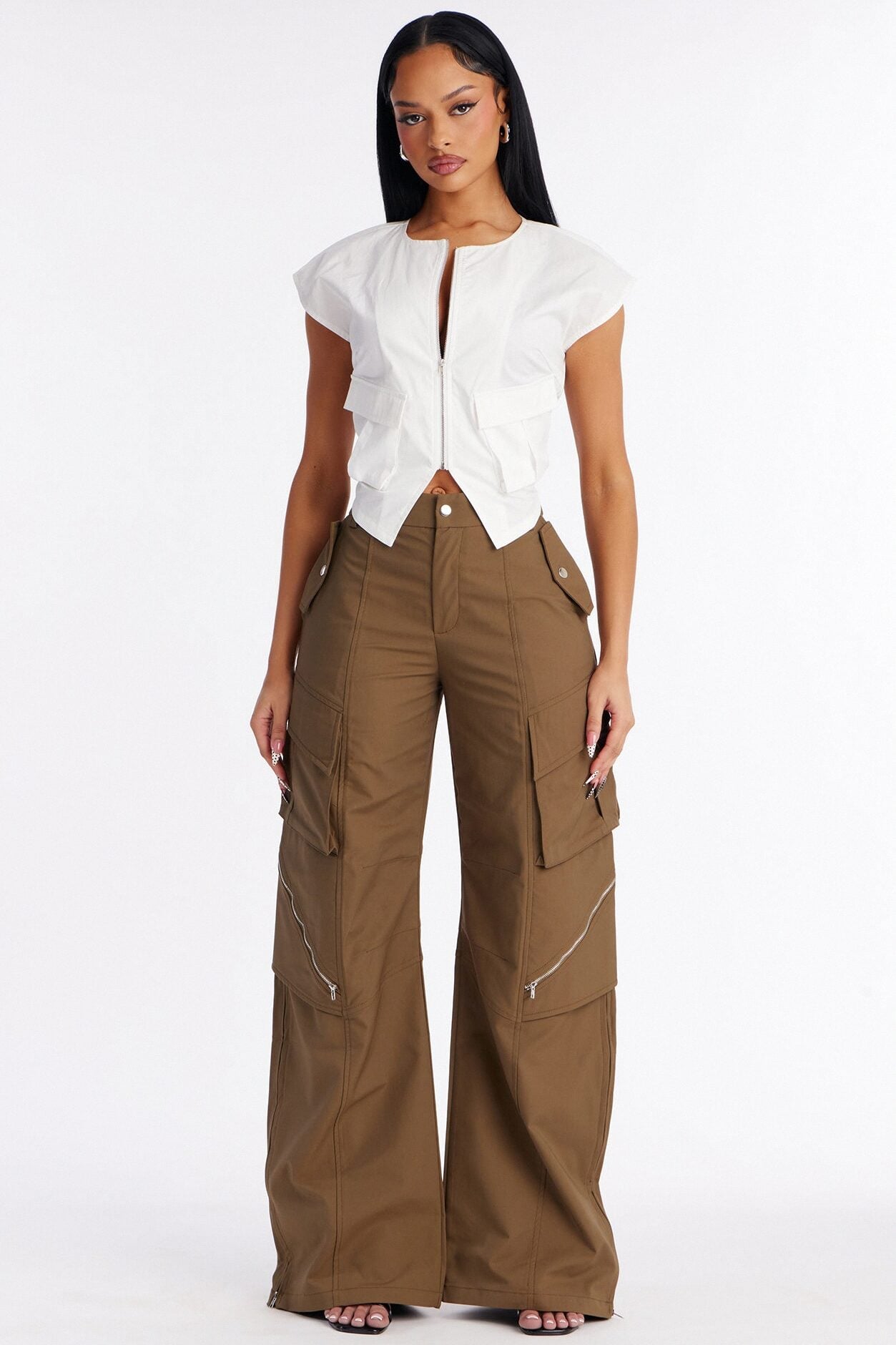 City Steps Front Zip Poplin Top - White image 2