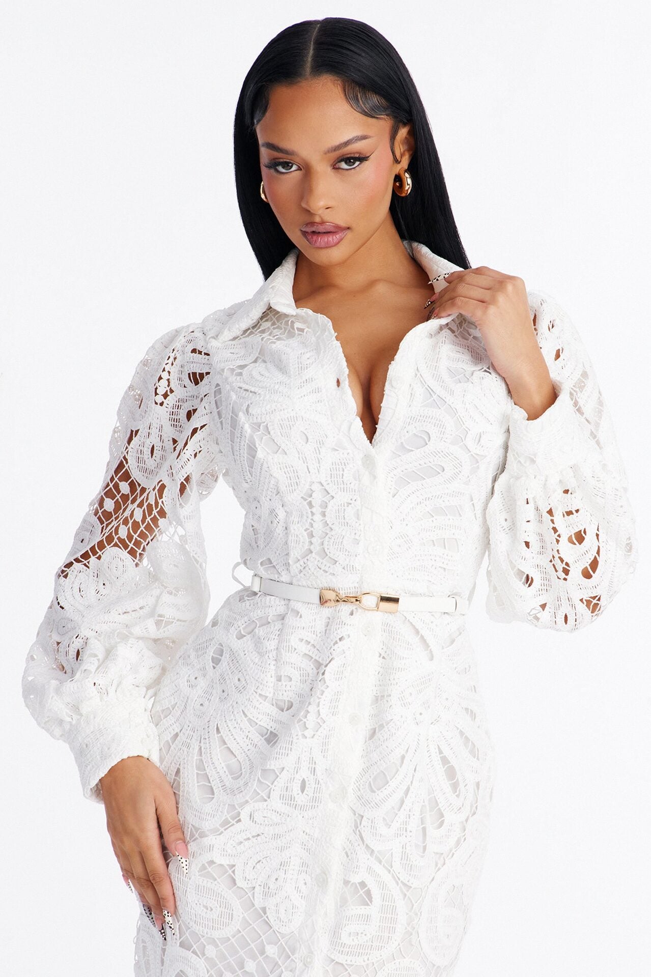 Annette Belted Lace Midi Dress - White image 2