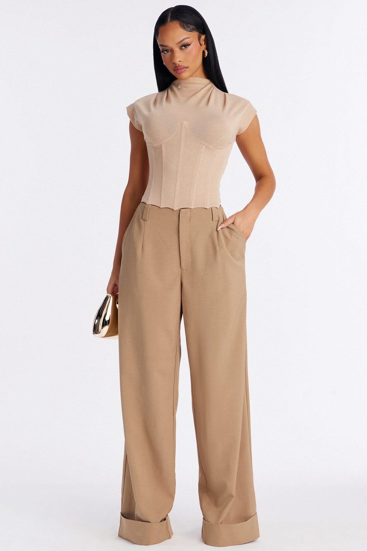 Serene Sculpt Mock Neck Short Sleeve Corset Top - Taupe image 2