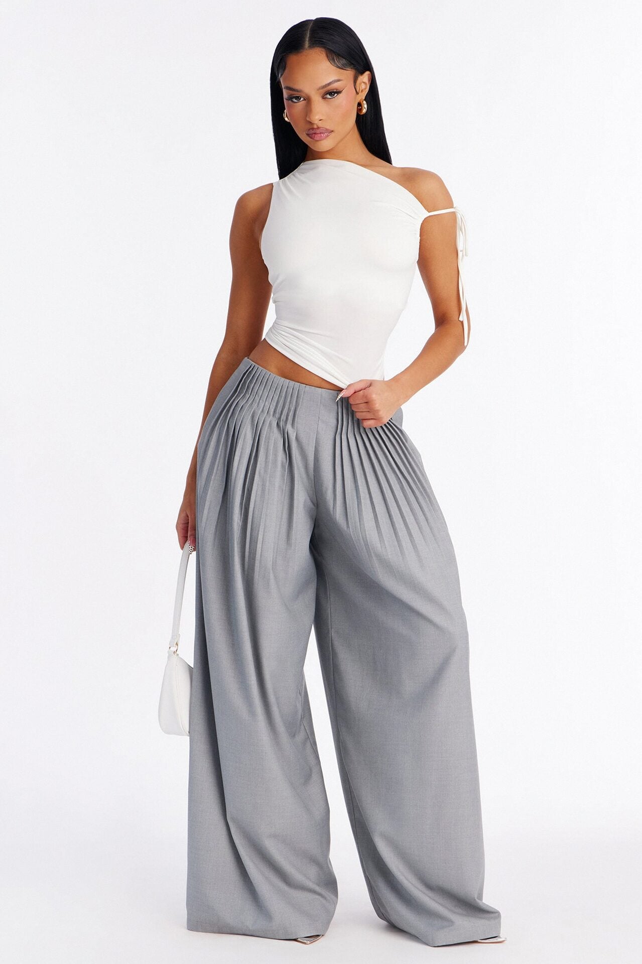 Benny One Shoulder Ruched Tie Strap Top - White image 2