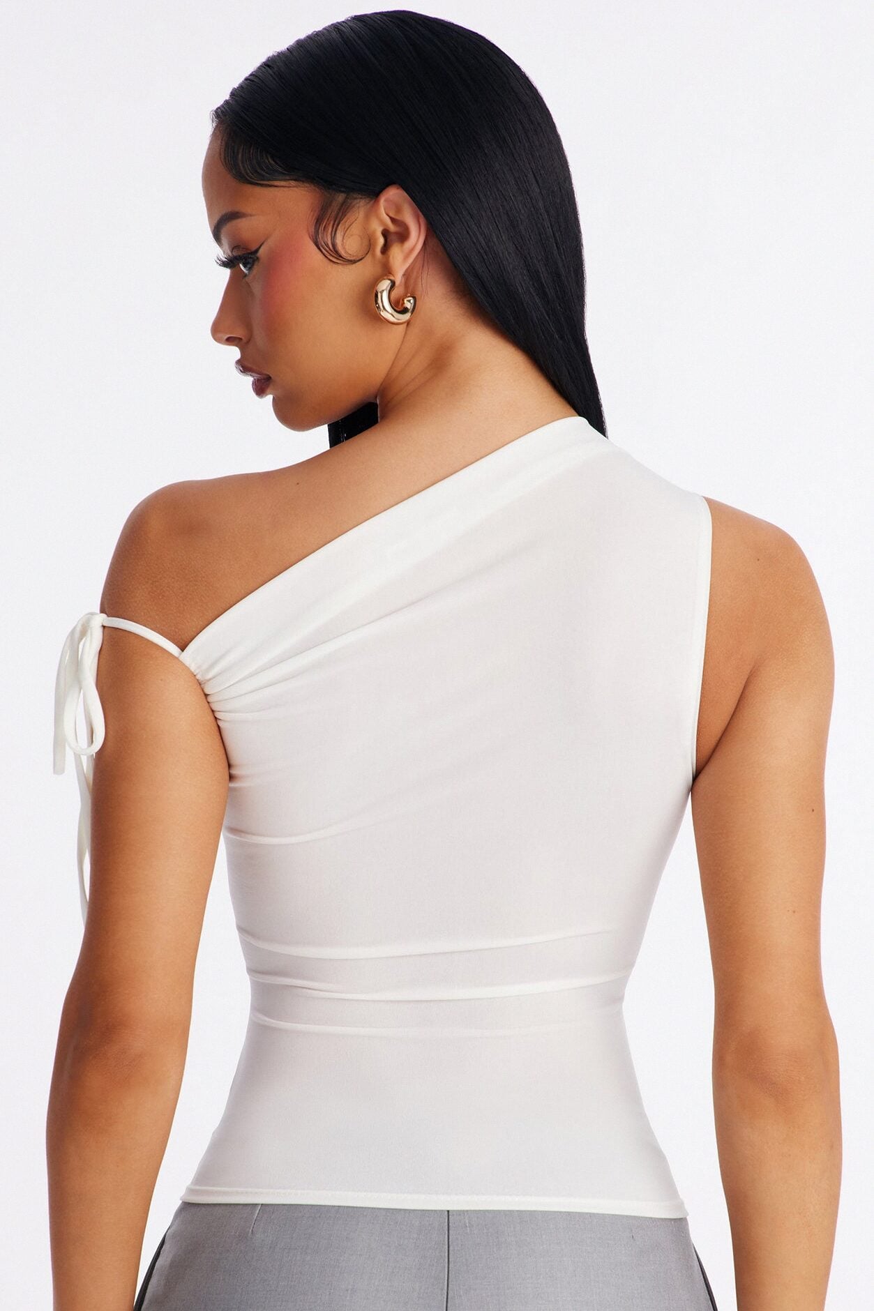 Benny One Shoulder Ruched Tie Strap Top - White image 3