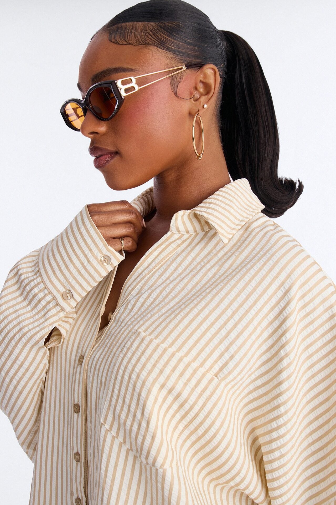 Stay Curious Oversized Stripe Shirt - Taupe image 3