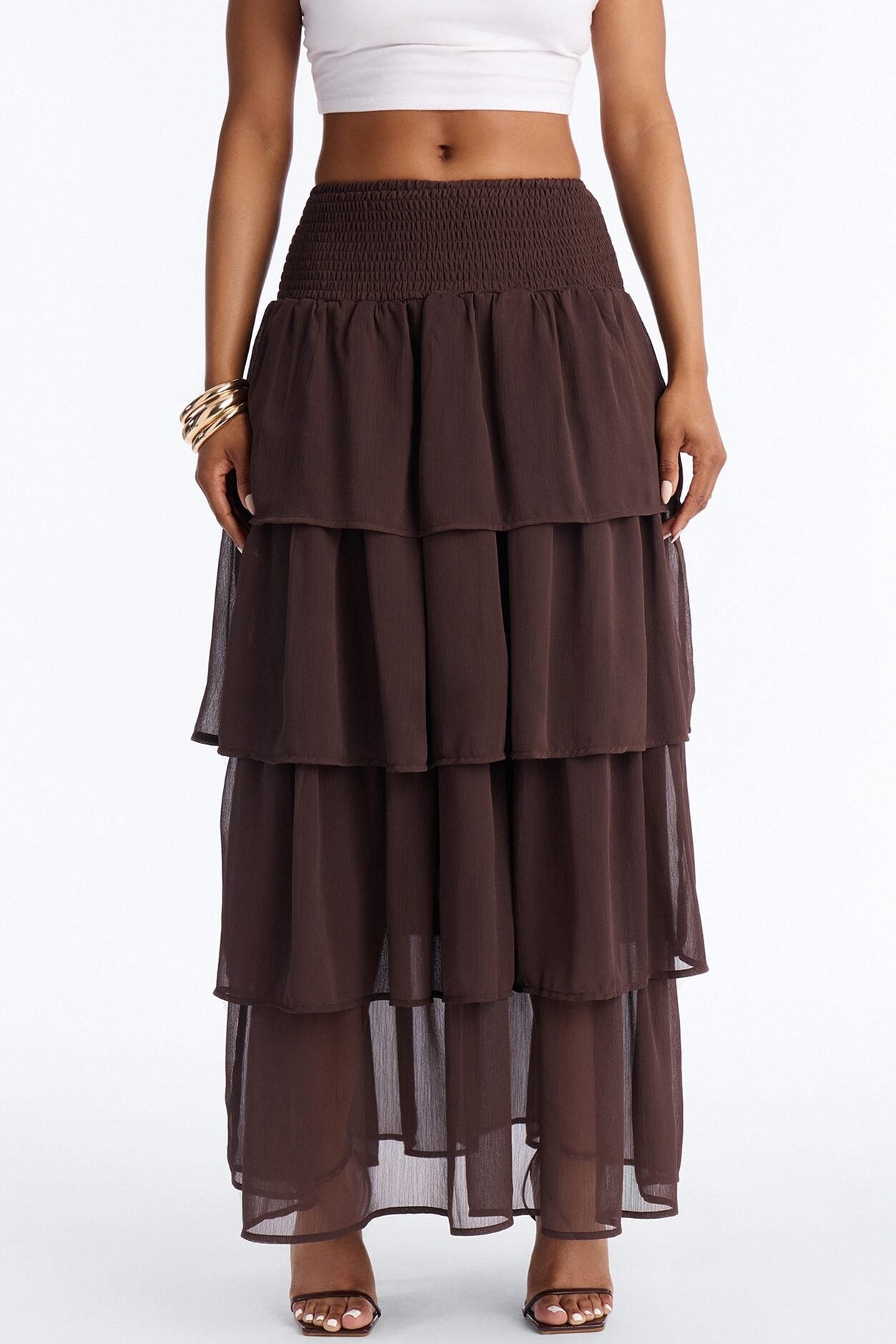 Bohemian Goddess Chiffon Tiered Ruffle Maxi 40″ - Chocolate image 2