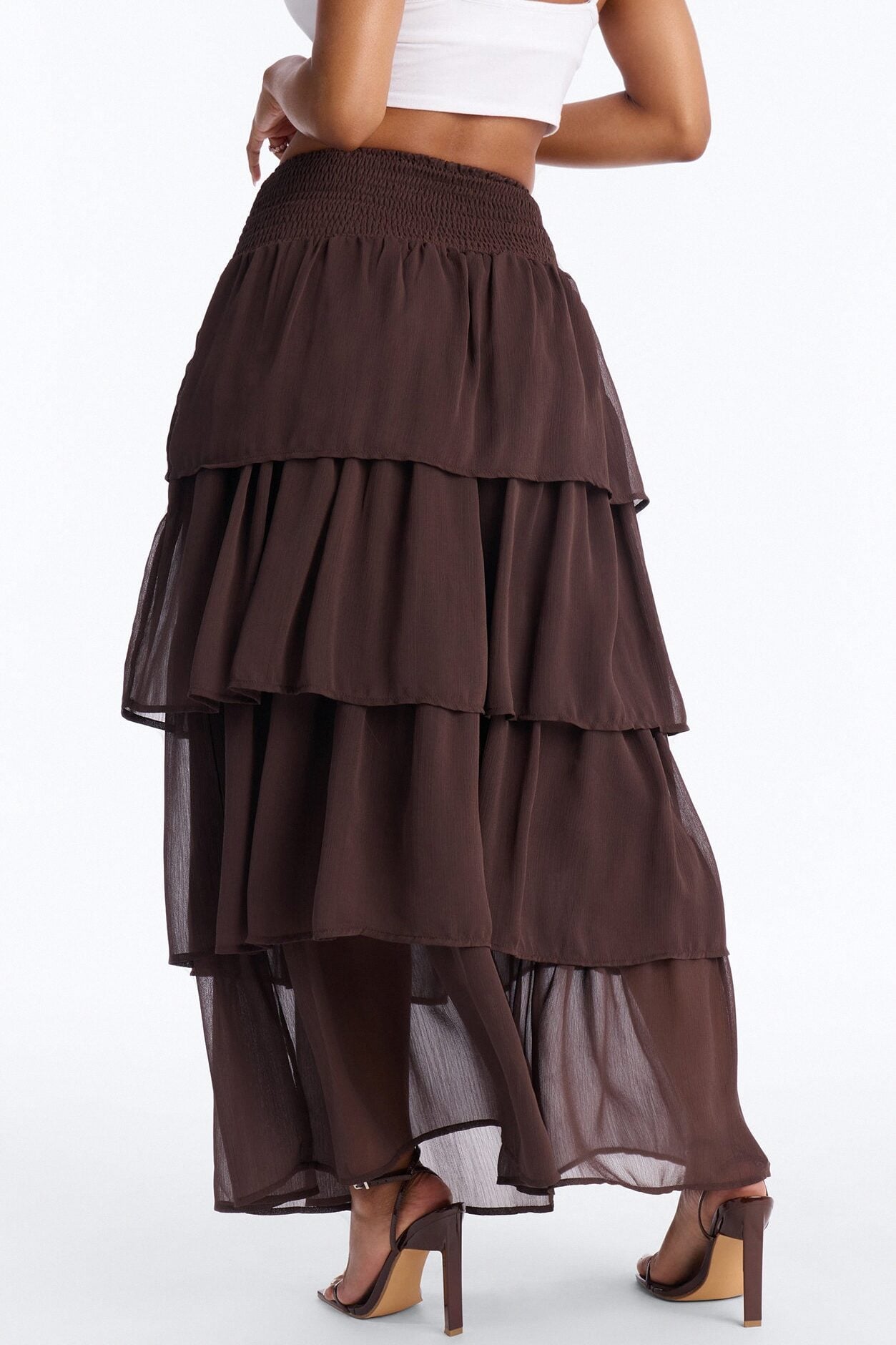 Bohemian Goddess Chiffon Tiered Ruffle Maxi 40″ - Chocolate image 4
