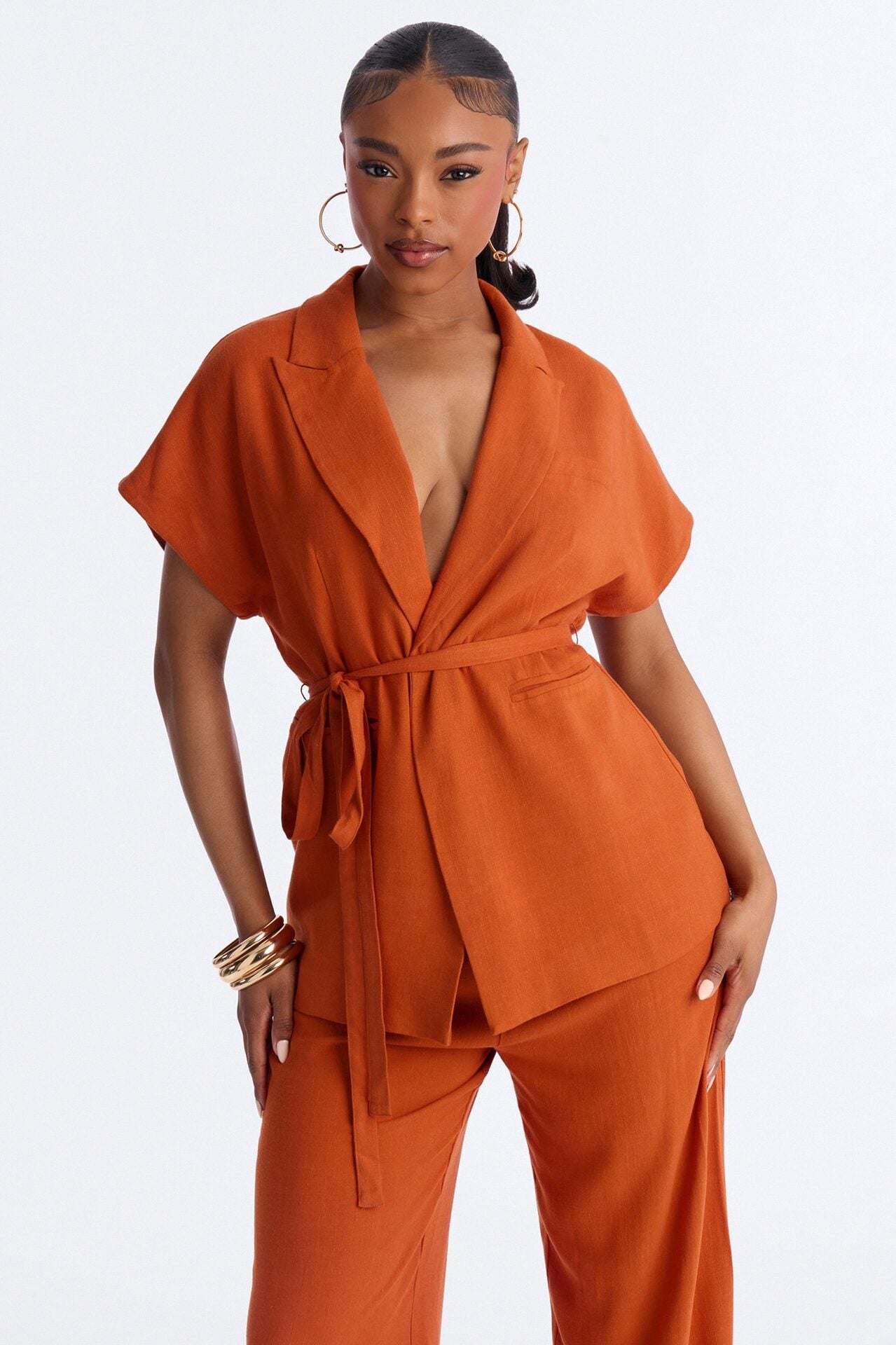 Vanna Linen Tie Waist Pant Set - Rust image 2