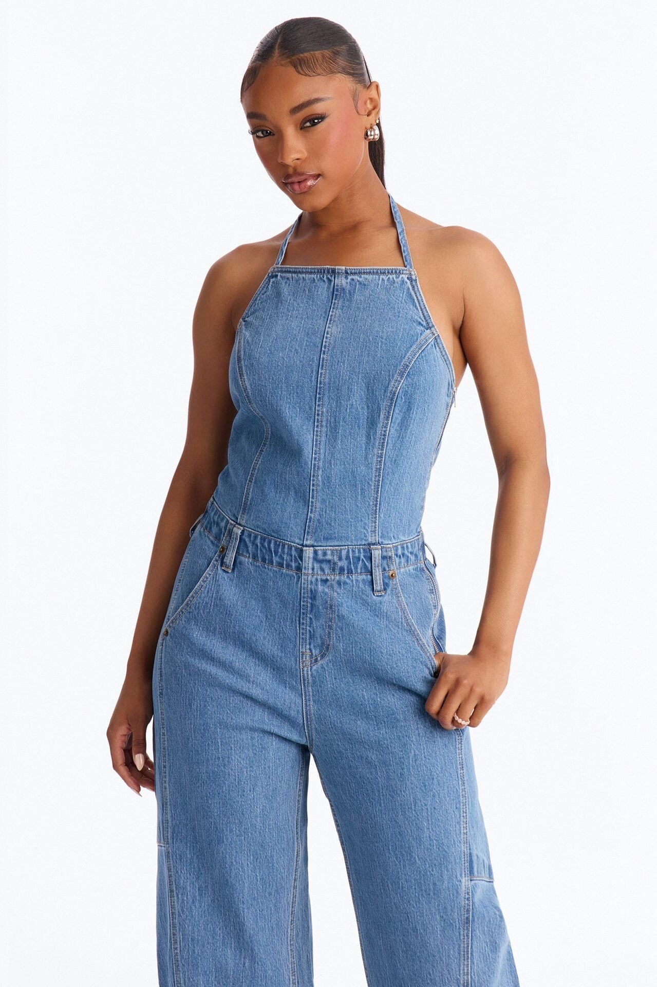 Tiana Backless Denim Barrel Leg Jumpsuit - Medium Wash image 2