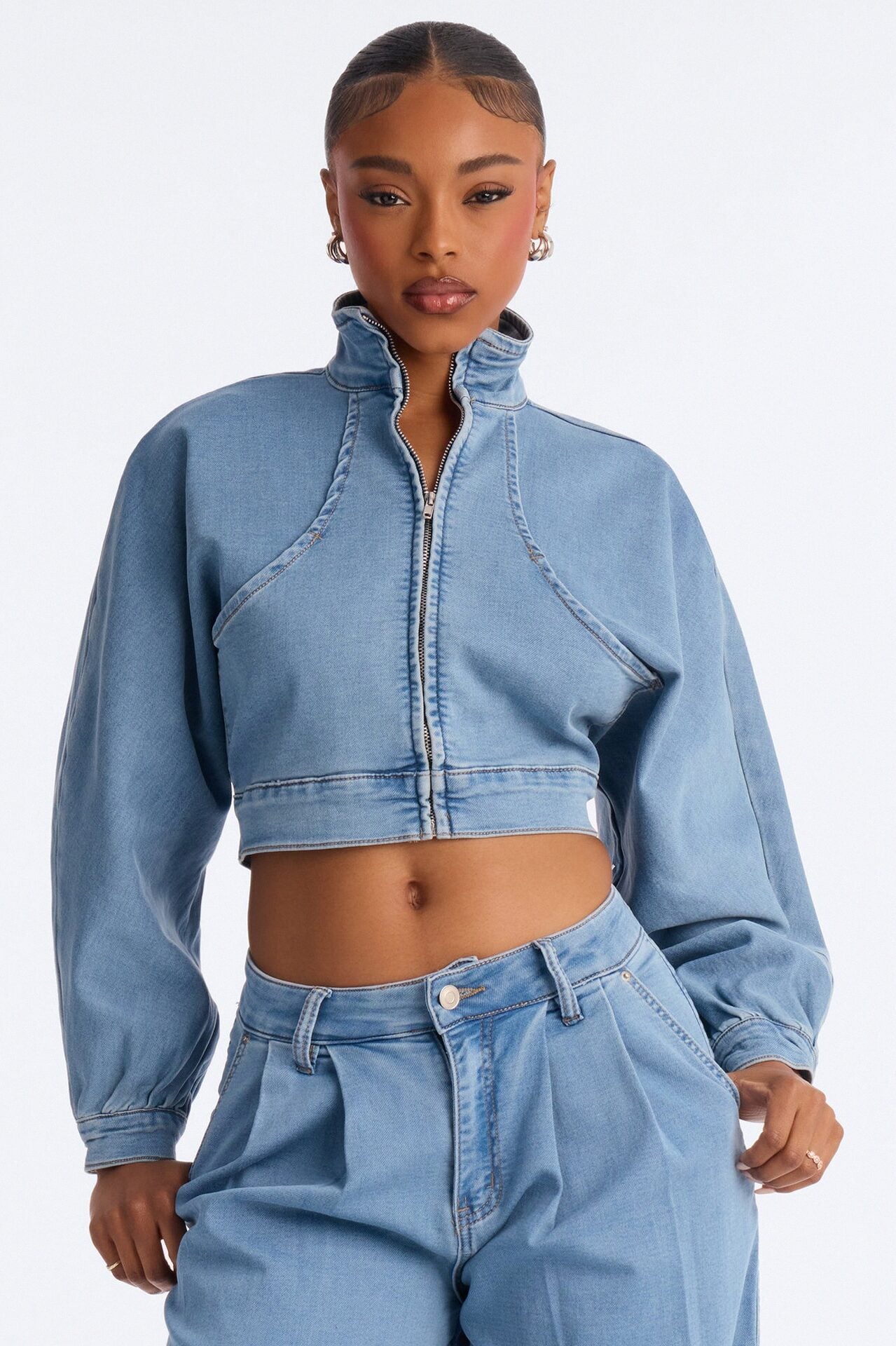 Fade Into You Jacket Knit Denim Pant Set - Denim image 2
