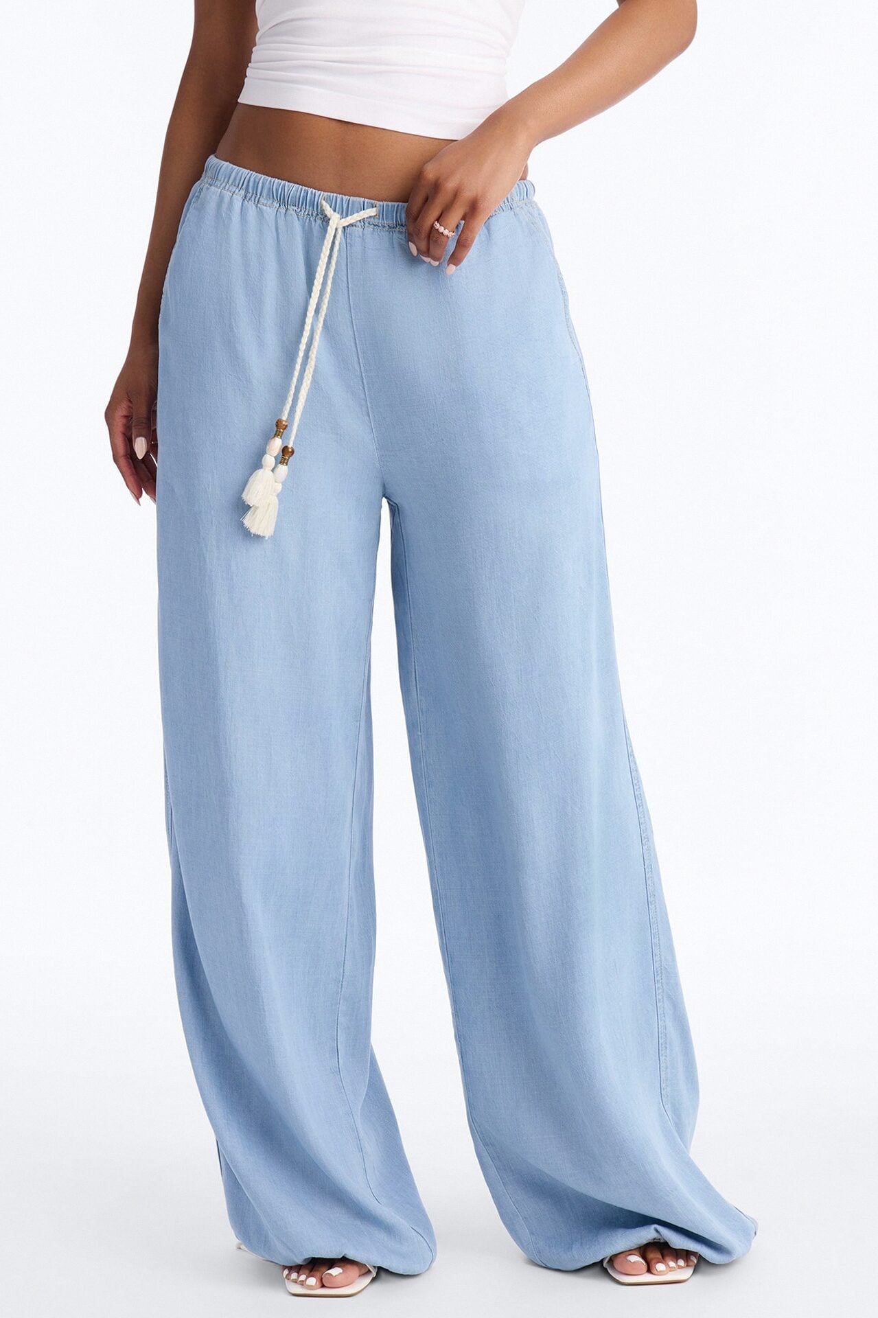 Passport Ready Loose Fit Tie Waist Drapey Jeans - Light Wash image 2