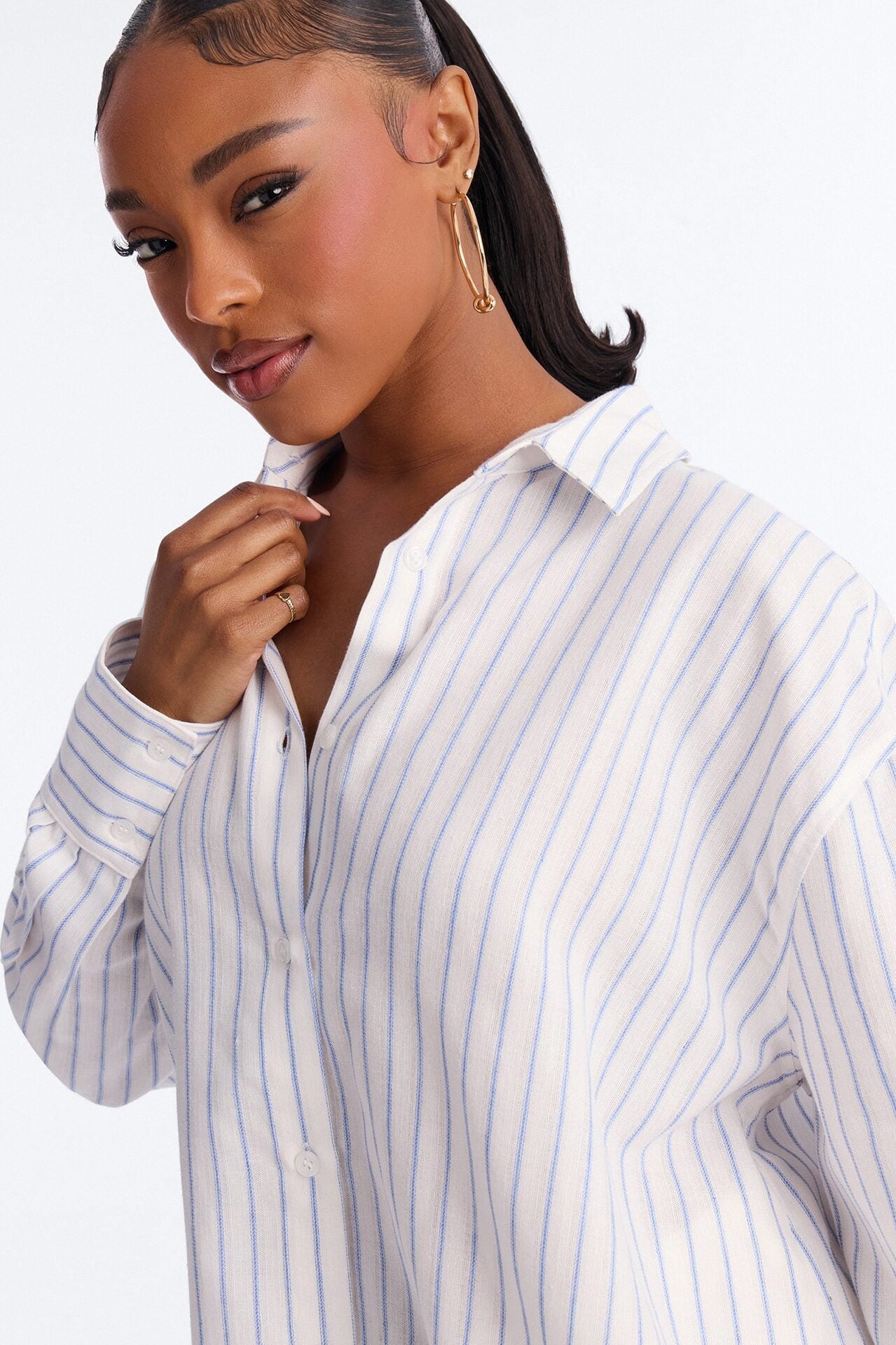 Weekend Mood Oversized Stripe Linen Shirt - Blue/combo image 3