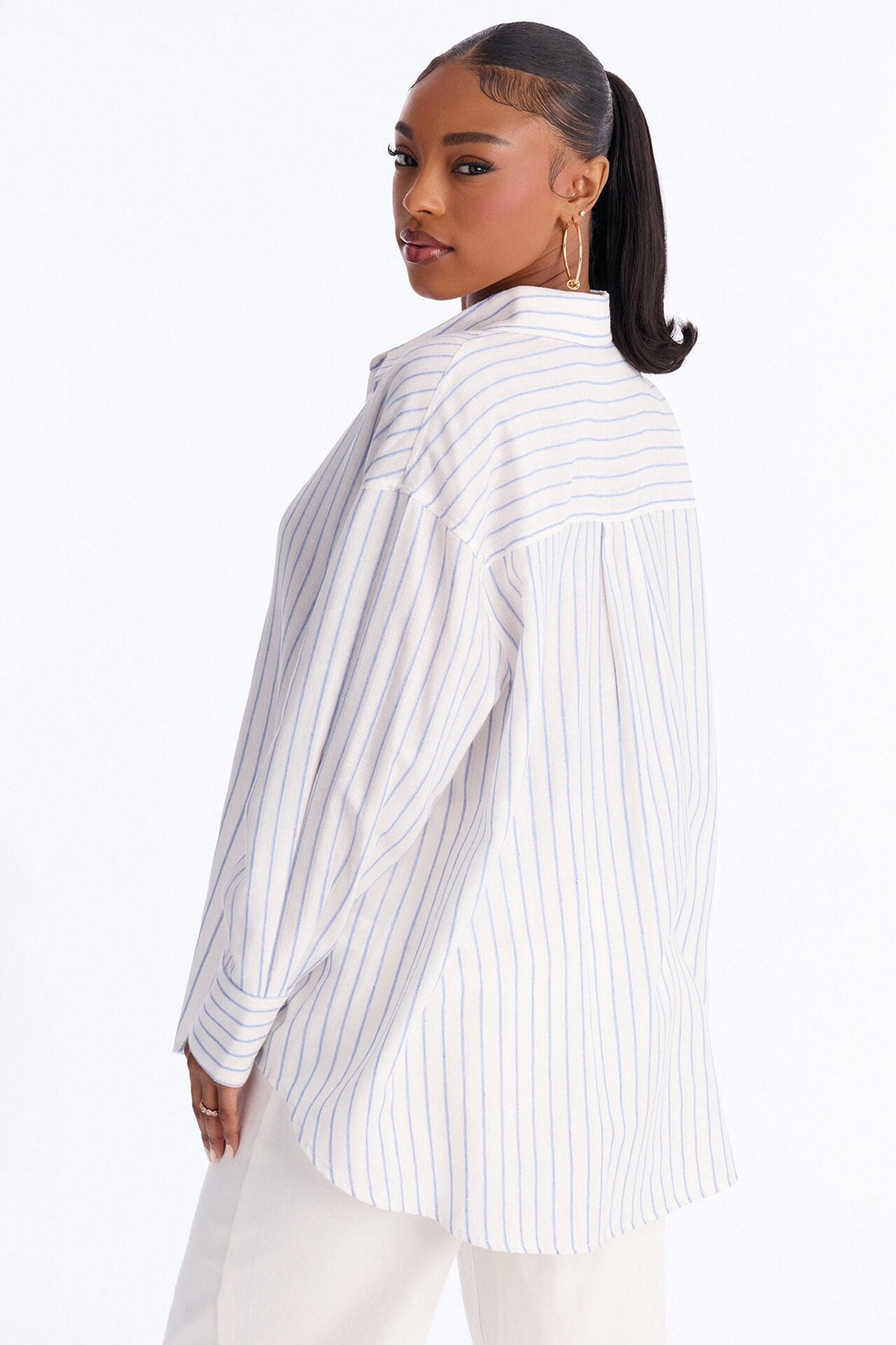 Weekend Mood Oversized Stripe Linen Shirt - Blue/combo image 4