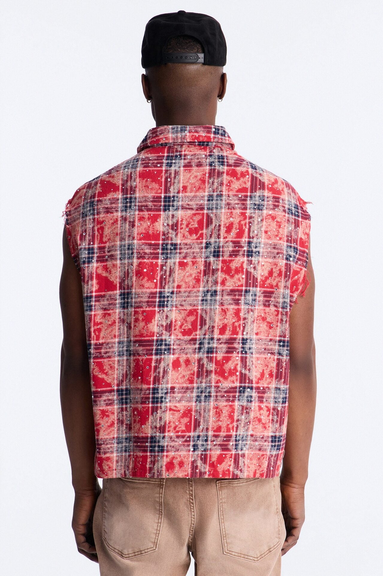 Rhinestone Rain Sleeveless Plaid Flannel - Red image 3