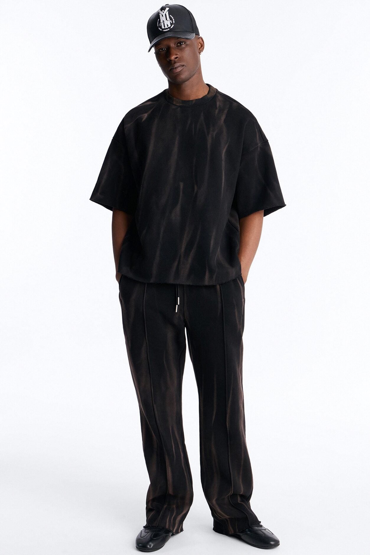 Oversized Bleach Washed Short Sleeve Fleece Tee - Black image 2