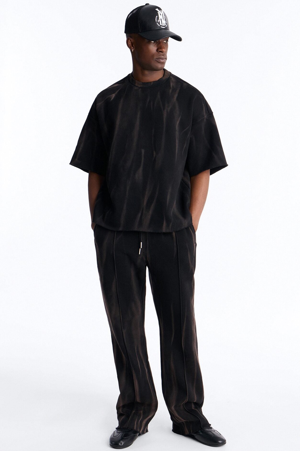 Slim Flare Bleach Washed Sweatpants - Black image 2