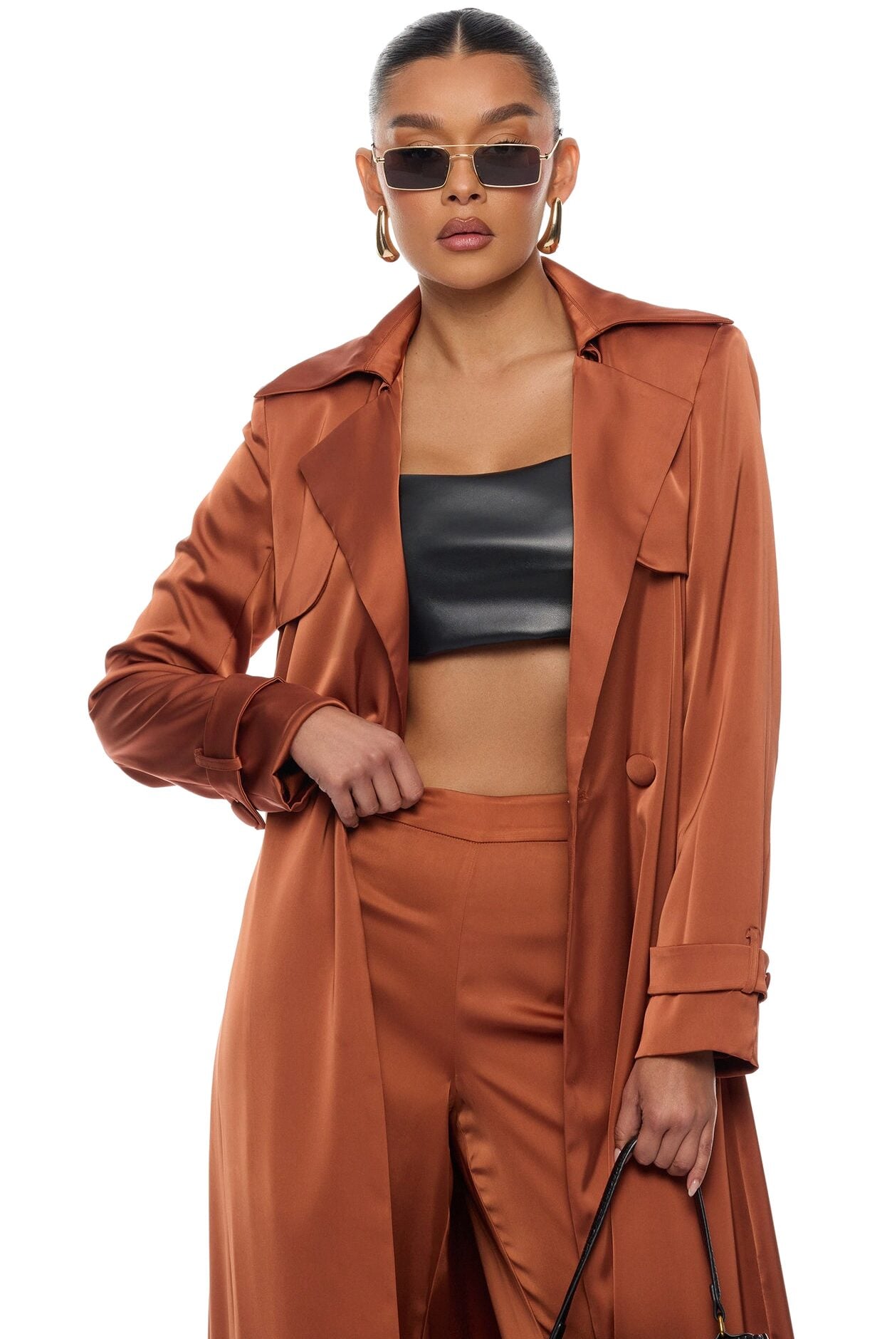 Gabriella Satin Trench Coat And Pant Set - Bronze image 2
