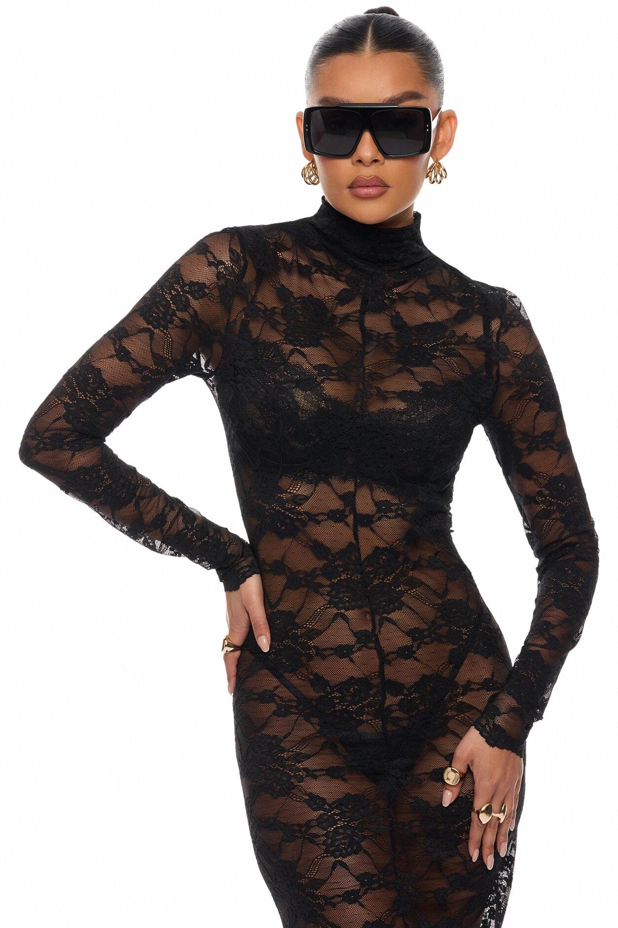 Gabriette Sheer Lace Midi Dress - Black image 2