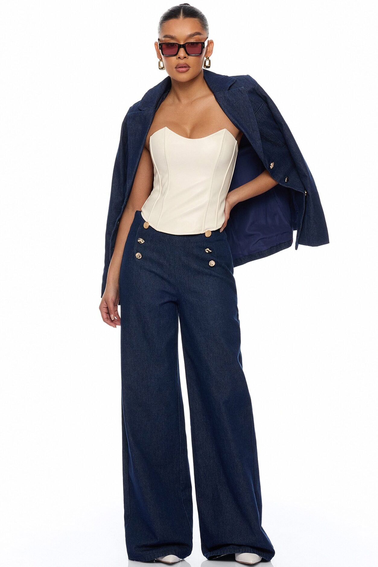Odette Denim Blazer Wide Leg Pant Set - Dark Wash image 3
