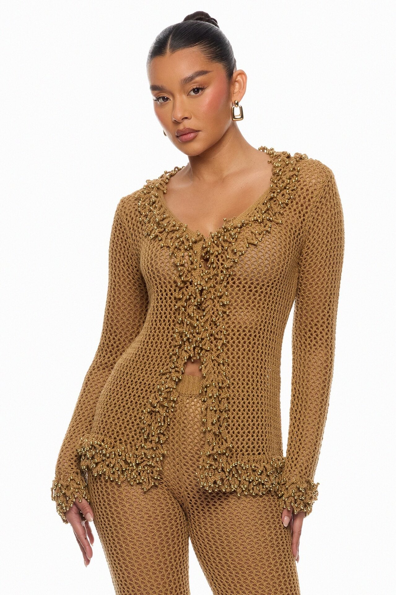 Siesta Crochet Cardigan Pant Set - Brown image 3