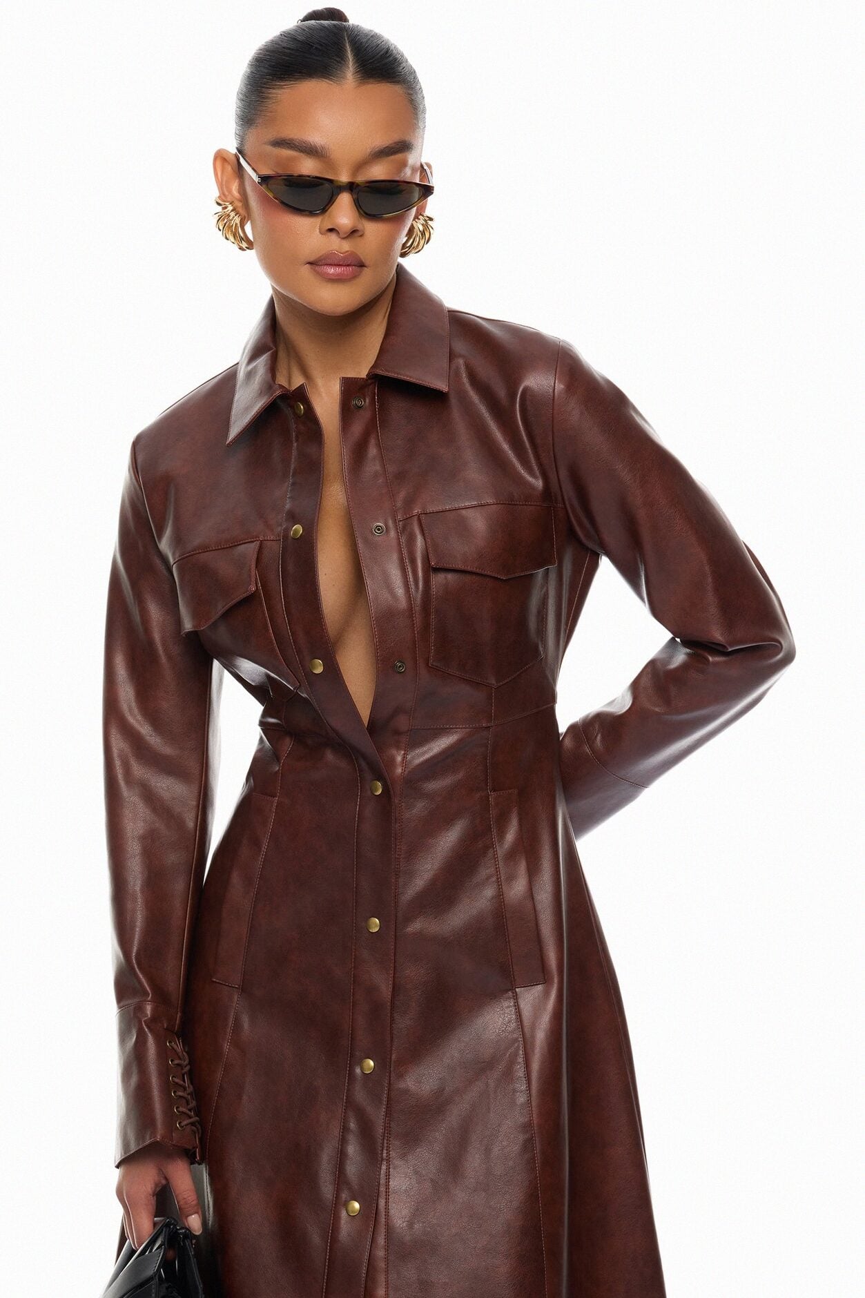 Chic Moment Lace Up Faux Leather Coat - Brown image 2