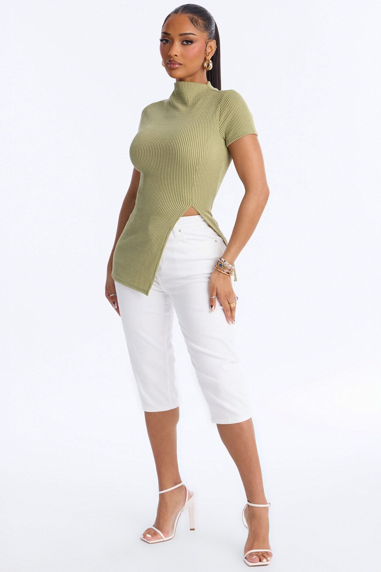Ika Mock Neck Heavy Ribbed Short Sleeve Top - Chartreuse image 2