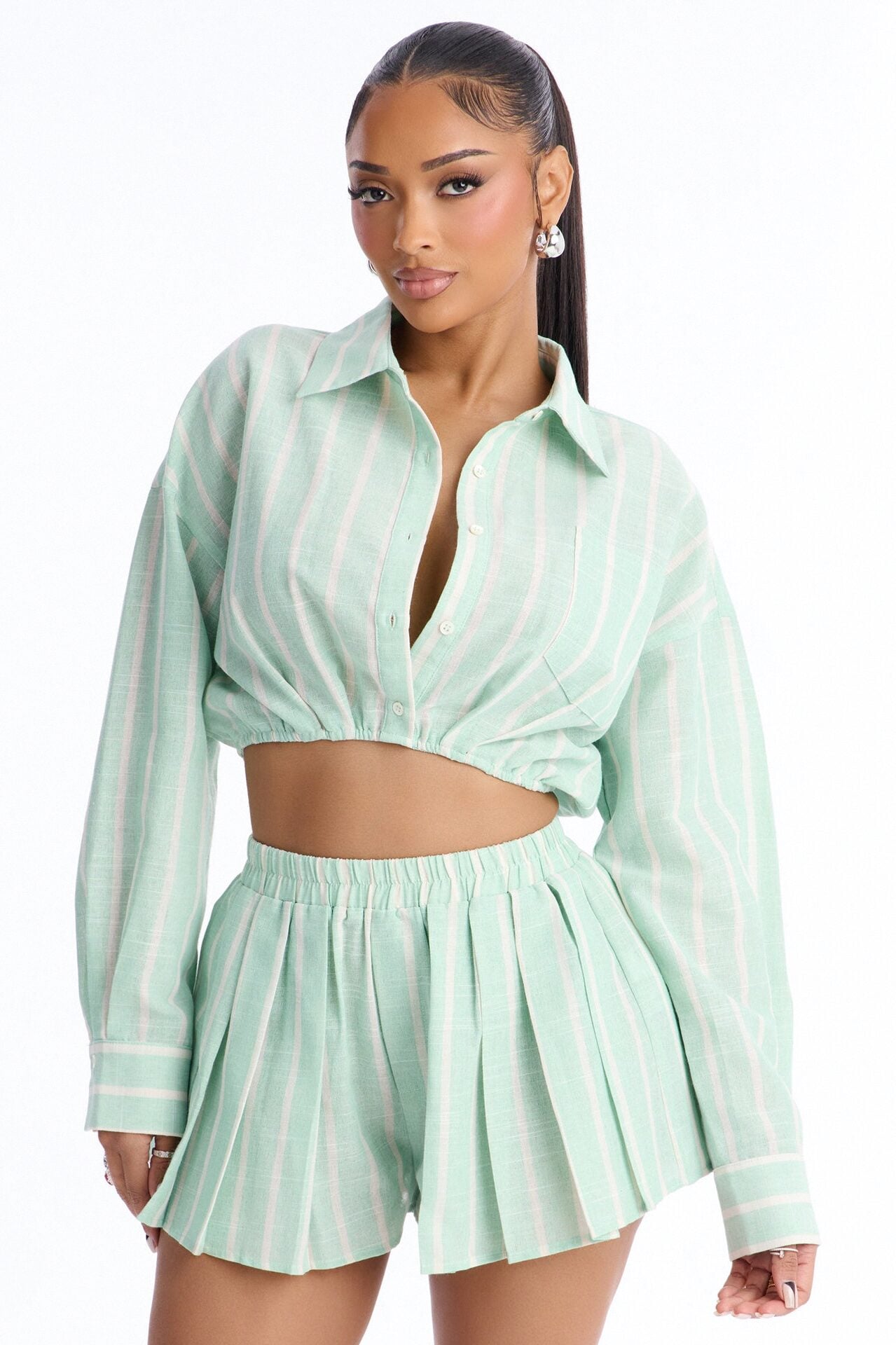 Morelia Linen Stripe Short Set - Mint image 2