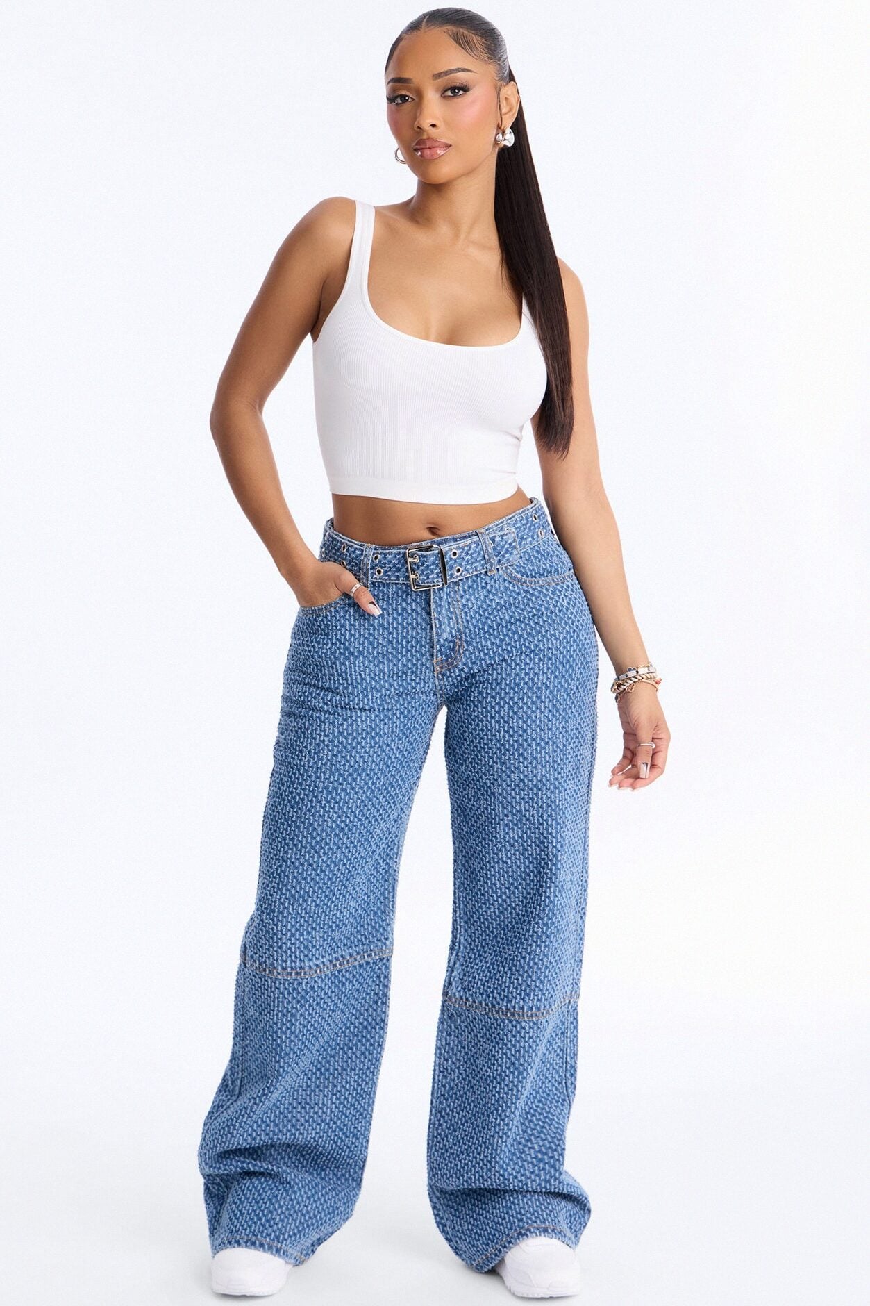 Shake It Up Belted Jacquard Straight Leg Jeans - Medium Wash image 2