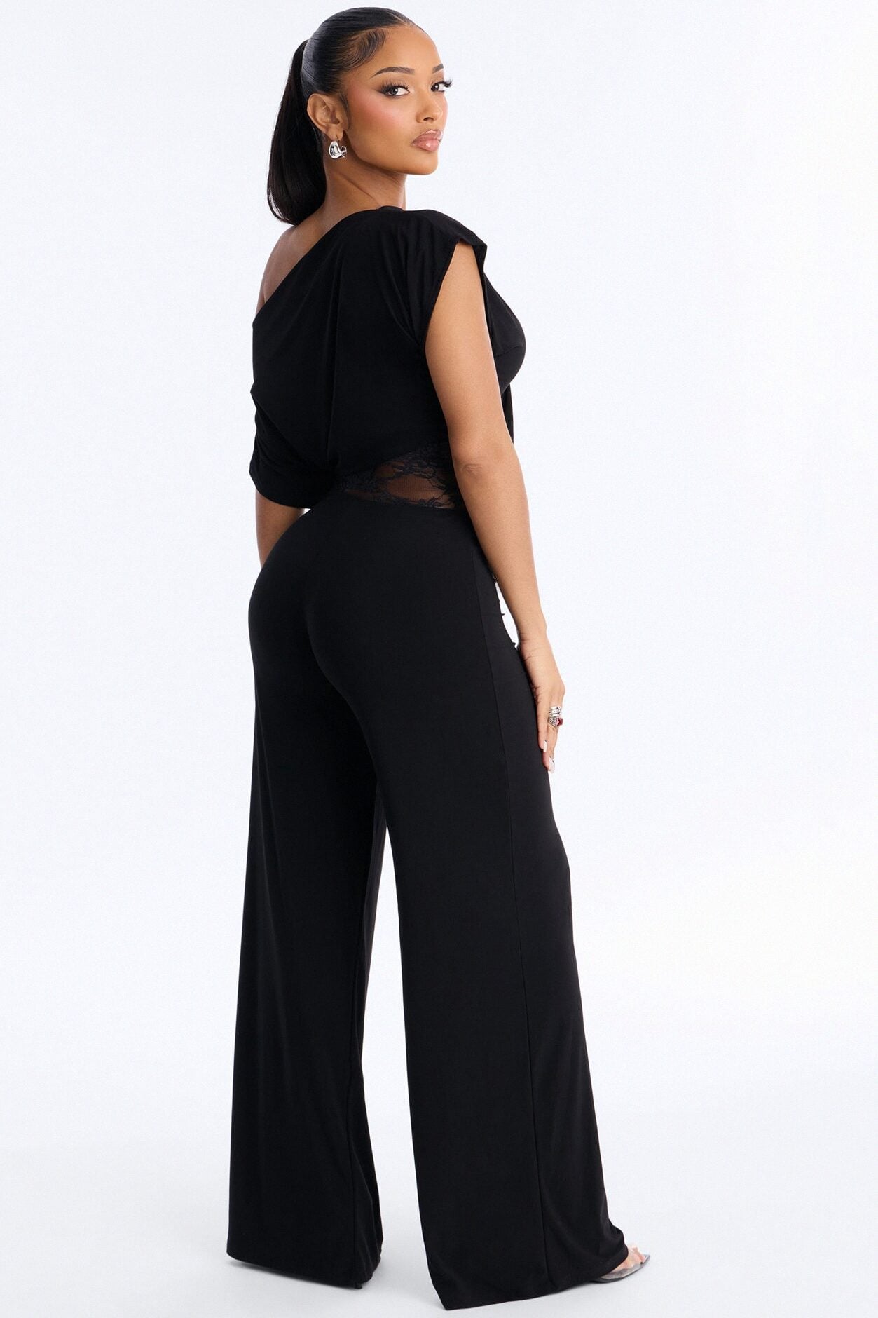 Isla Lace Trim Off Shoulder Jumpsuit - Black image 3