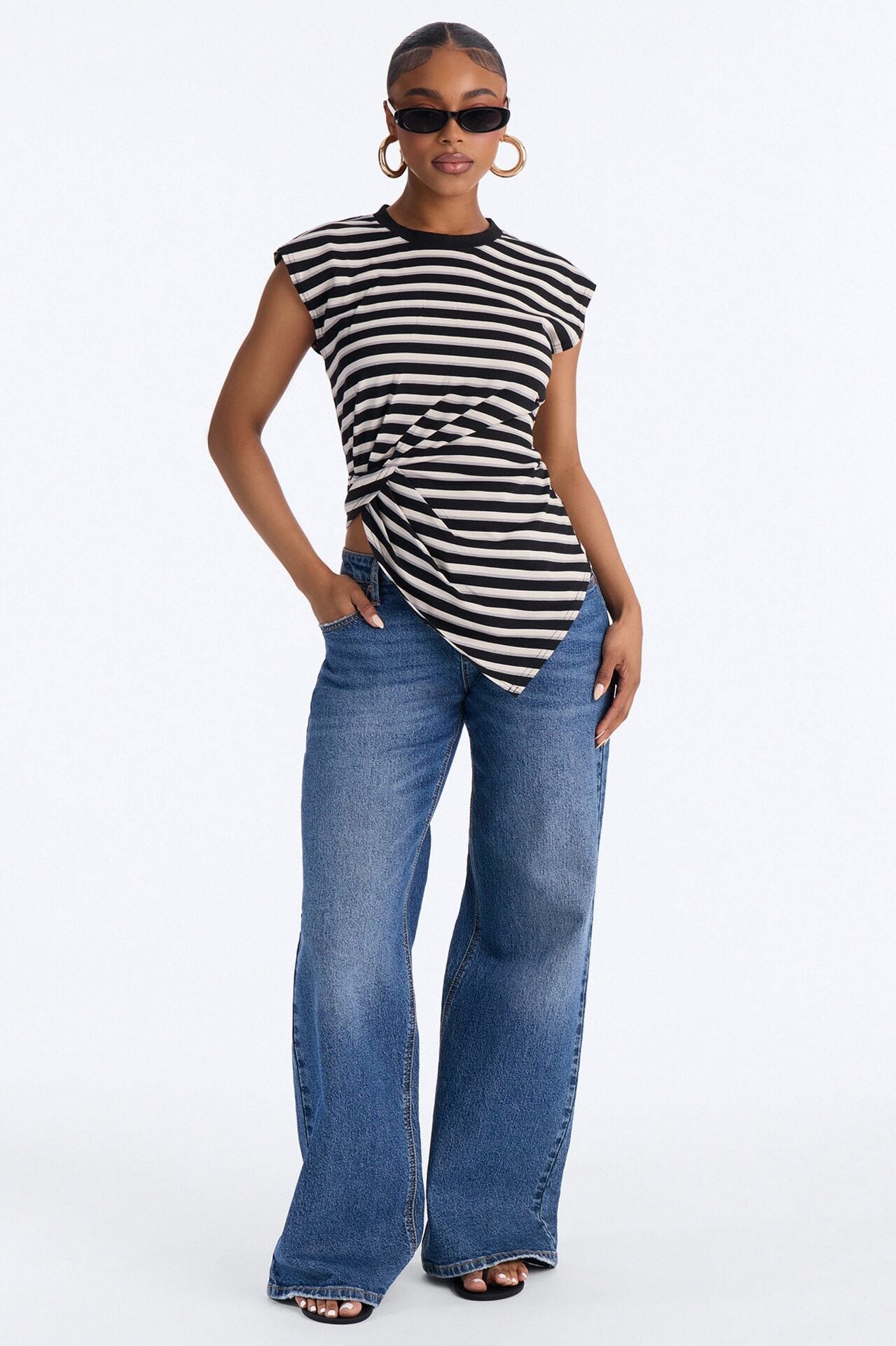 Malia Striped Asymmetrical Ruched Short Sleeve Top - Black/Grey image 2