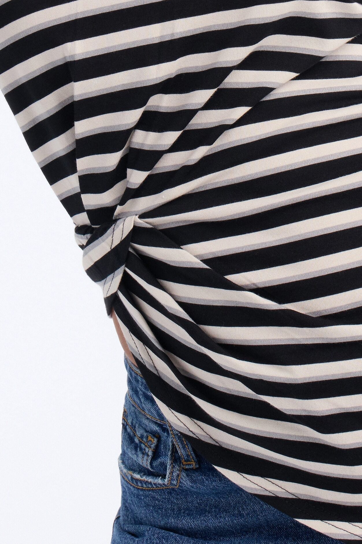 Malia Striped Asymmetrical Ruched Short Sleeve Top - Black/Grey image 3