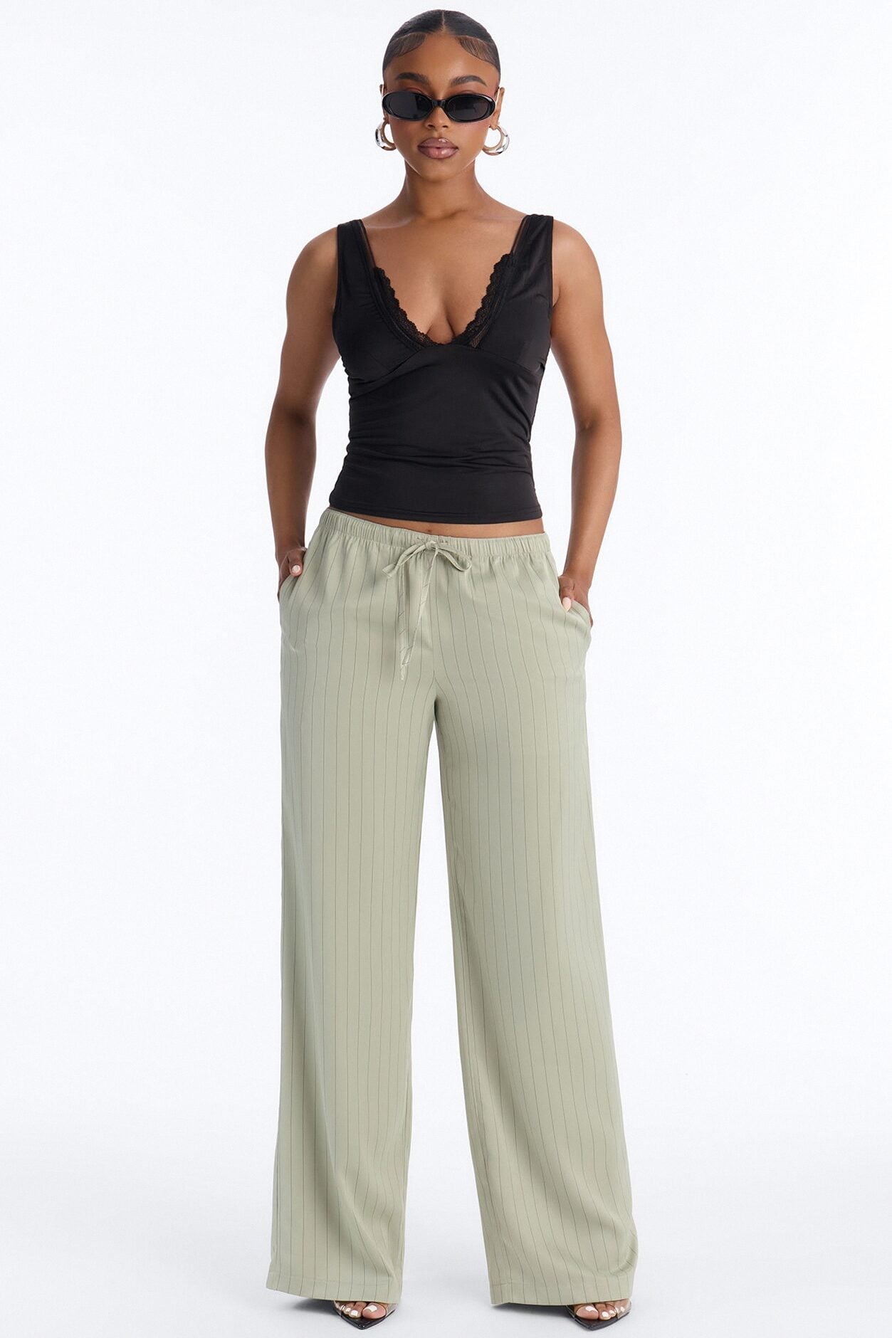 Lulu Pinstripe Satin Wide Leg Pant 32″ - Olive image 2