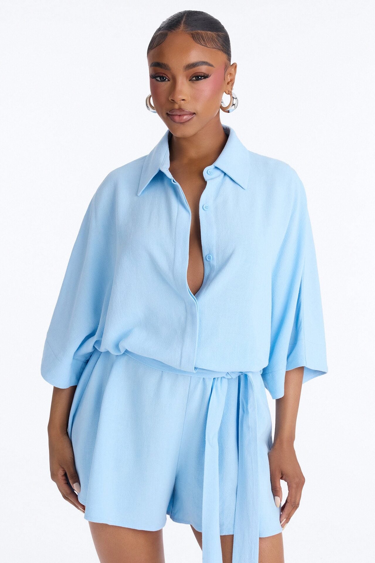 Charlotte Linen Romper - Light Blue image 2
