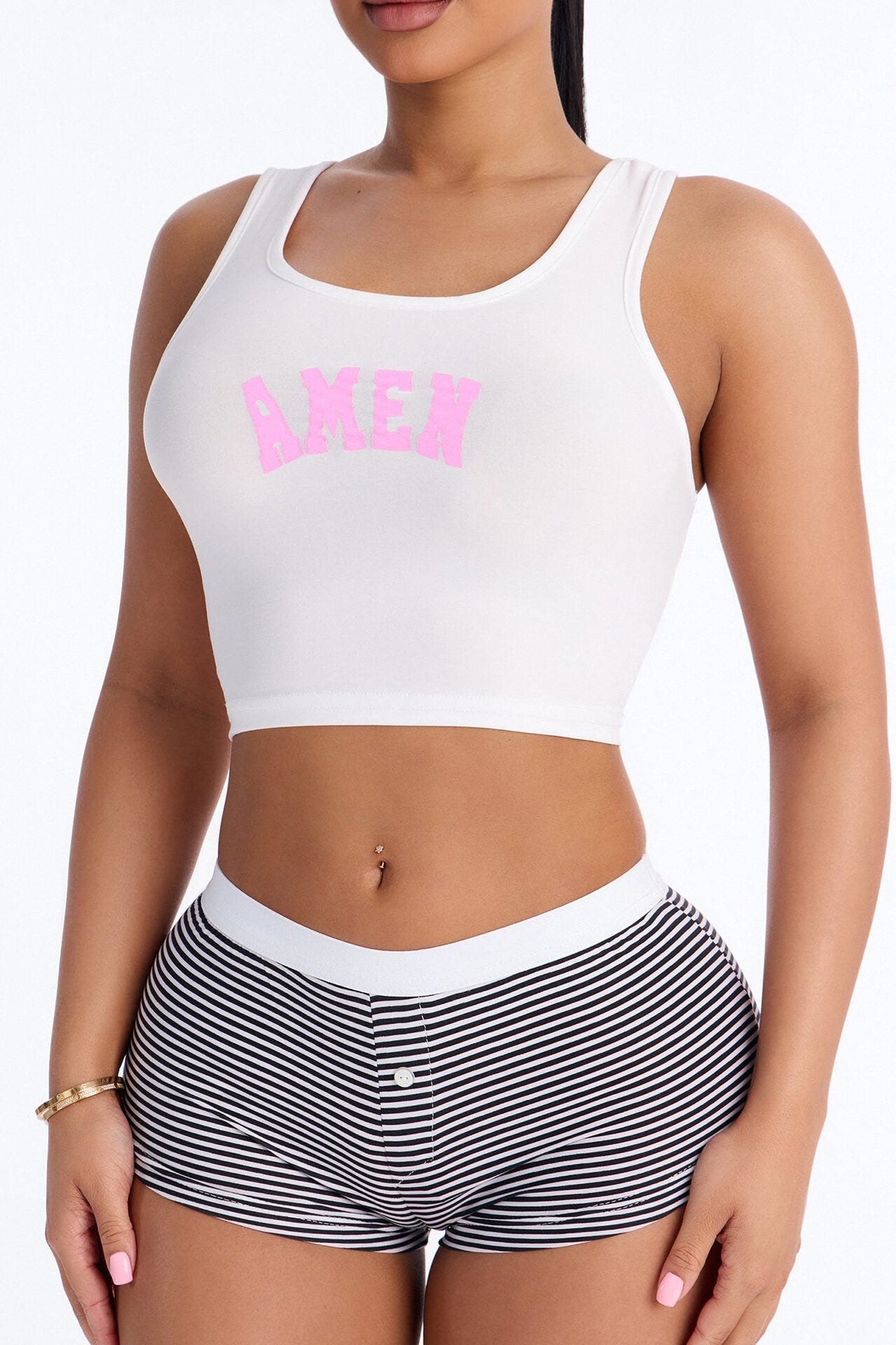 Amen Tank PJ Boyshort Set - White/Black image 2