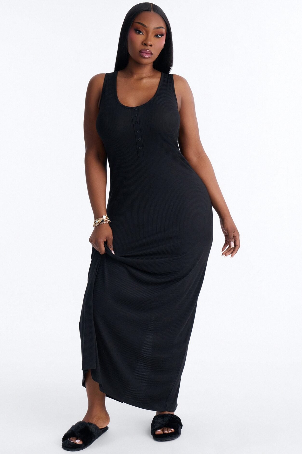 Morning Routine Ribbed Henley Maxi PJ Sleep Dress - Black image 4
