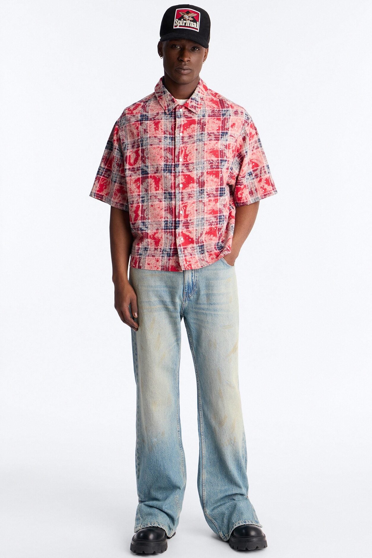 Rhinestone Rain Short Sleeve Plaid Flannel - Red image 2