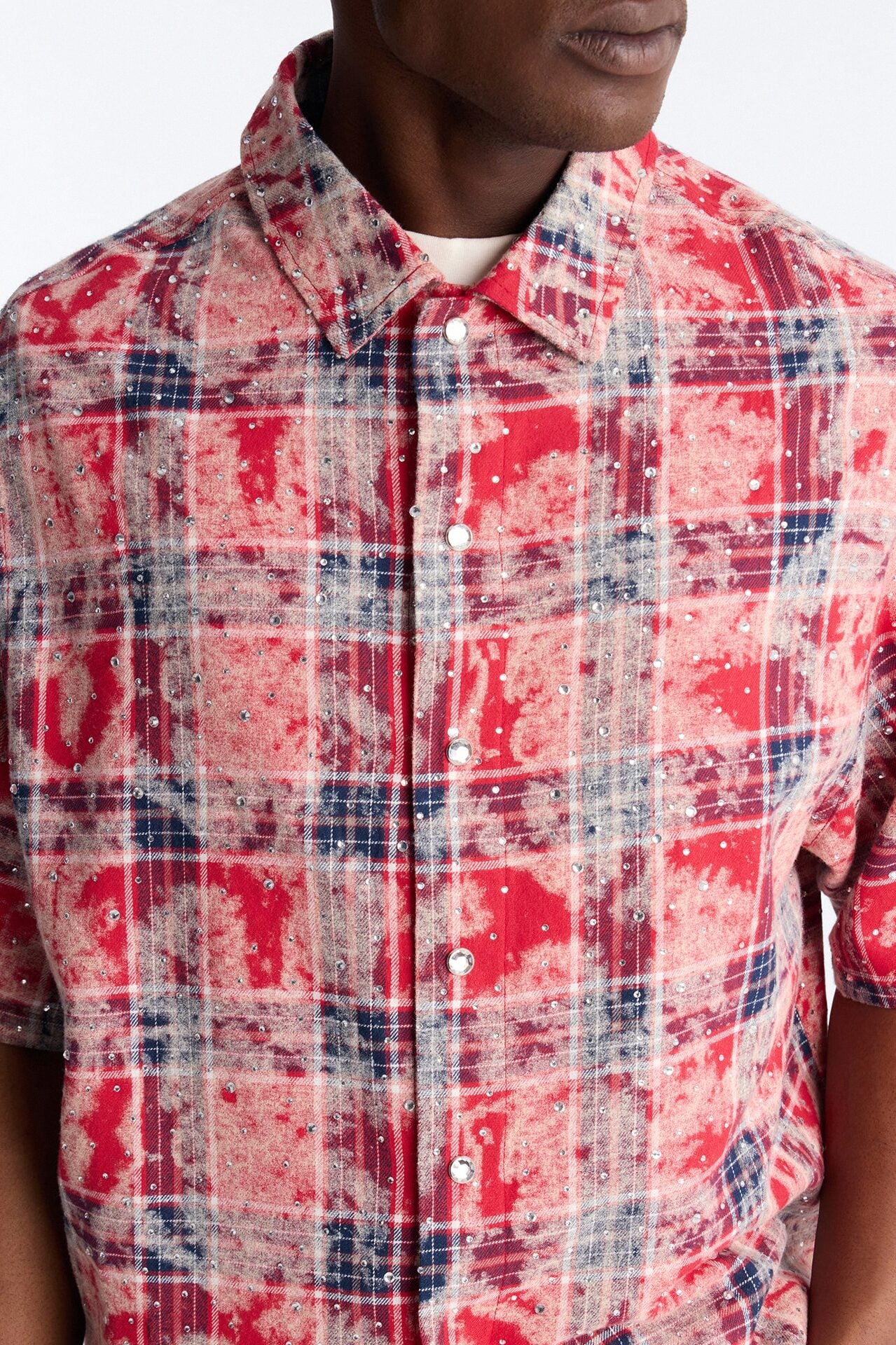 Rhinestone Rain Short Sleeve Plaid Flannel - Red image 3