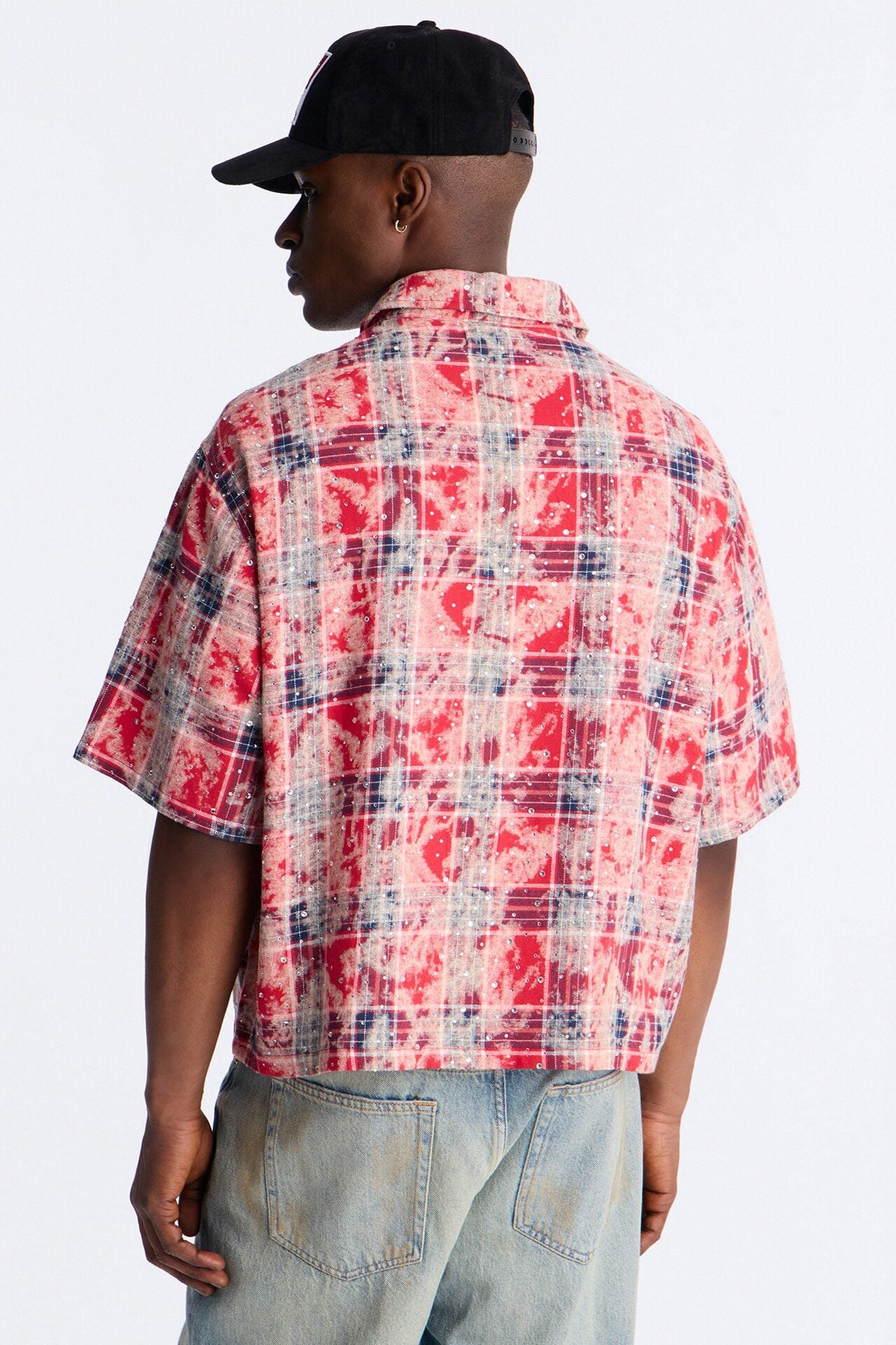 Rhinestone Rain Short Sleeve Plaid Flannel - Red image 4