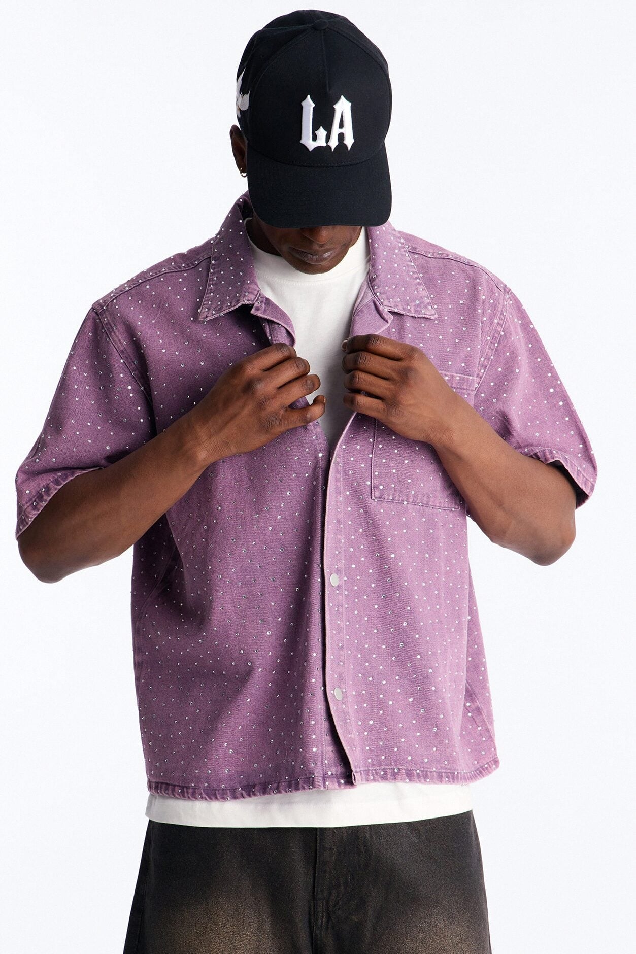 Cropped Embellished Denim Button Up Shirt - Purple image 3