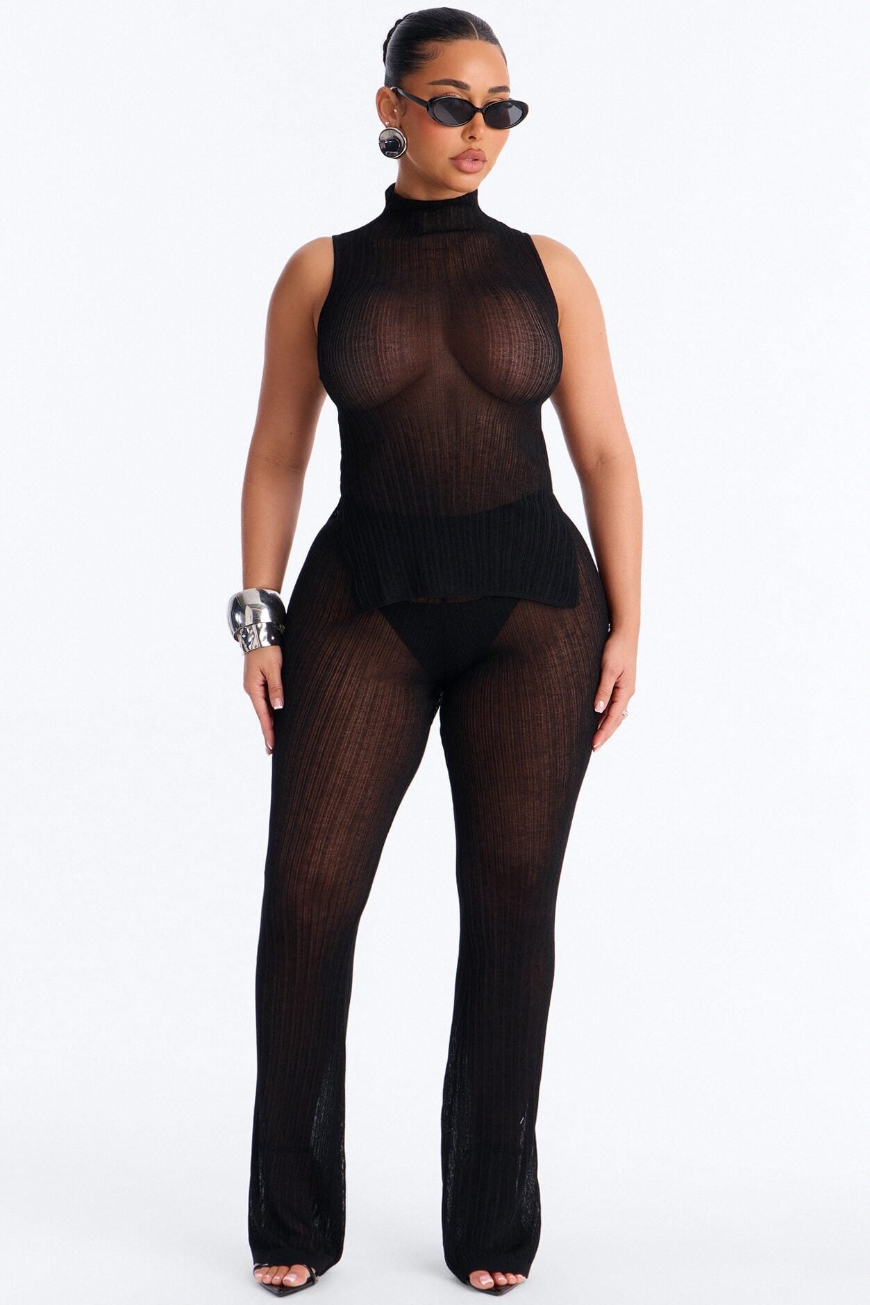 Sienna Sheer Knit High Neck Top - Black image 2