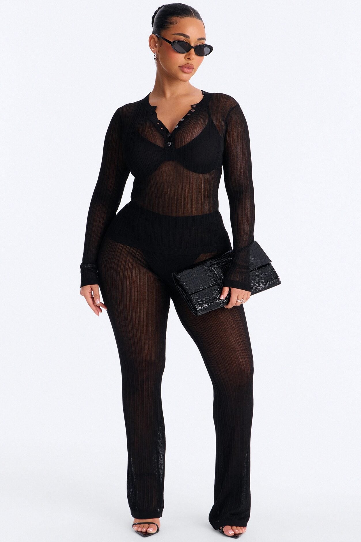 Sienna Sheer Knit Long Sleeve Top - Black image 2