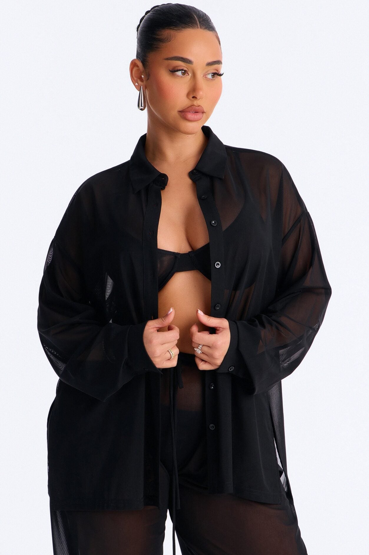 Staying In Mesh Collard Long Sleeve Shirt - Black image 2