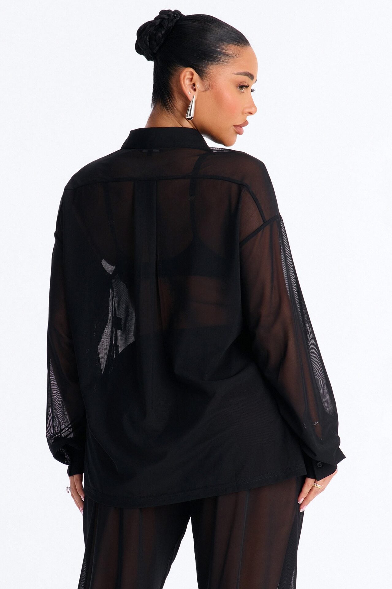 Staying In Mesh Collard Long Sleeve Shirt - Black image 4