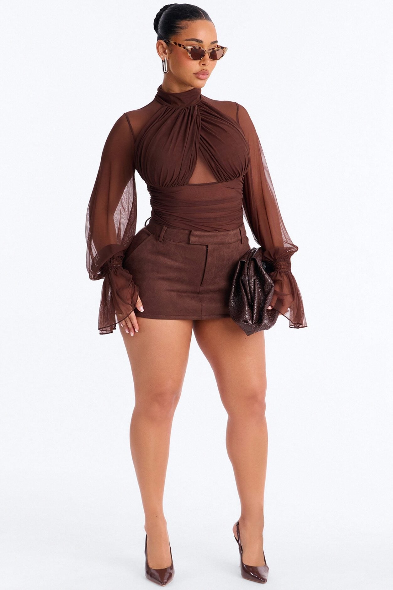 Juliet Ruched Mesh Long Sleeve Bodysuit - Brown image 2