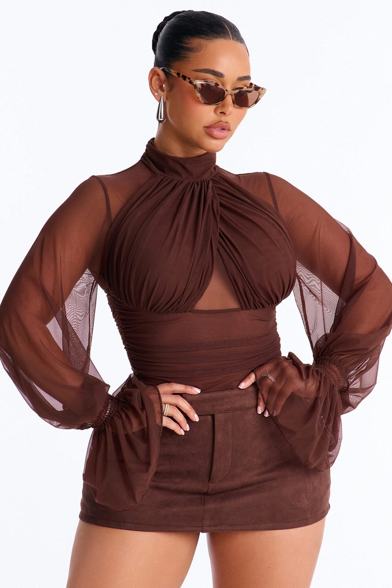 Juliet Ruched Mesh Long Sleeve Bodysuit - Brown image 3
