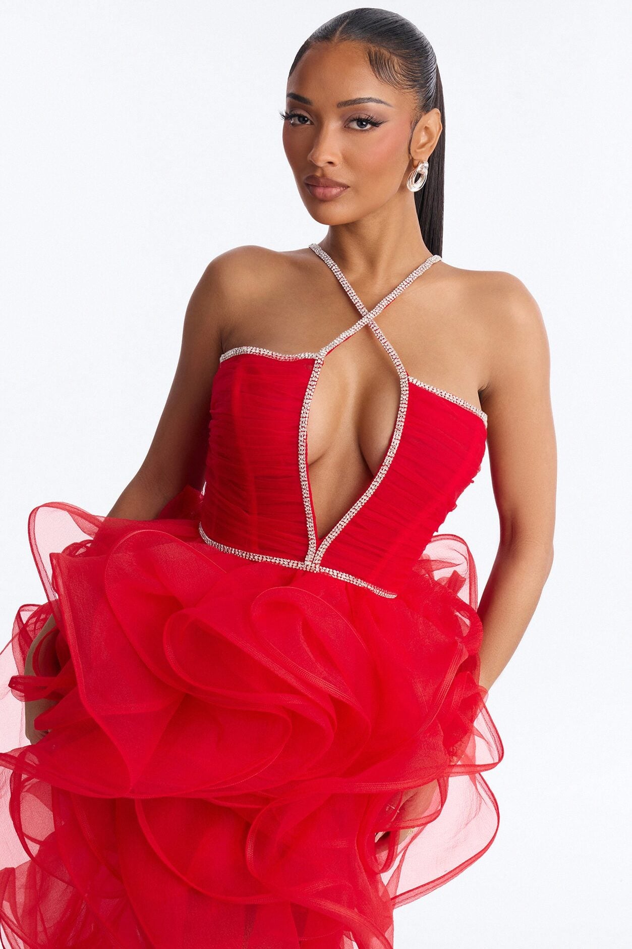 Cyra Rhinestone Ruffle Gown - Red image 2
