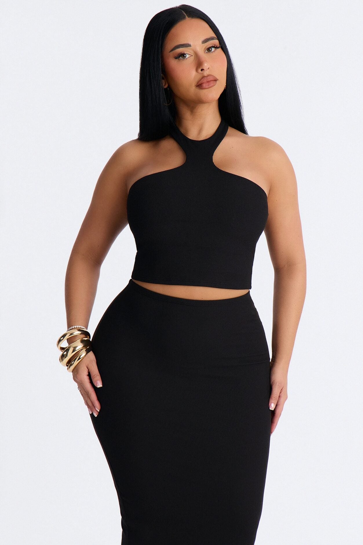 Trixie Ribbed Halter Skirt Set - Black image 2