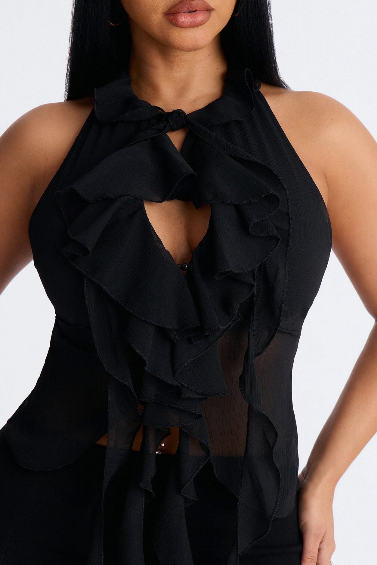 Something Sweet Ruffle Chiffon Halter Top - Black image 3