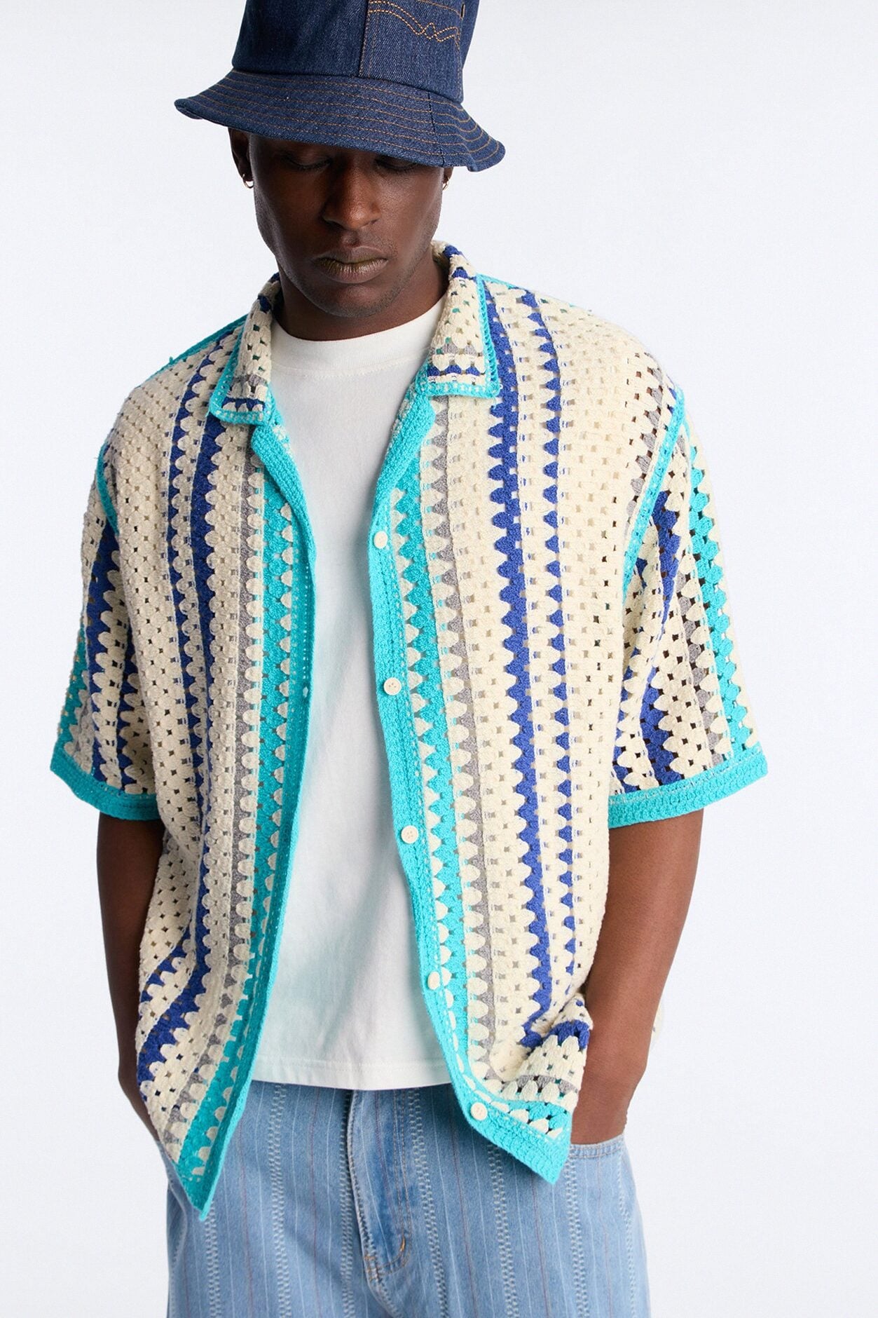 Cropped Breeze Crochet Button Up Shirt - Blue image 3