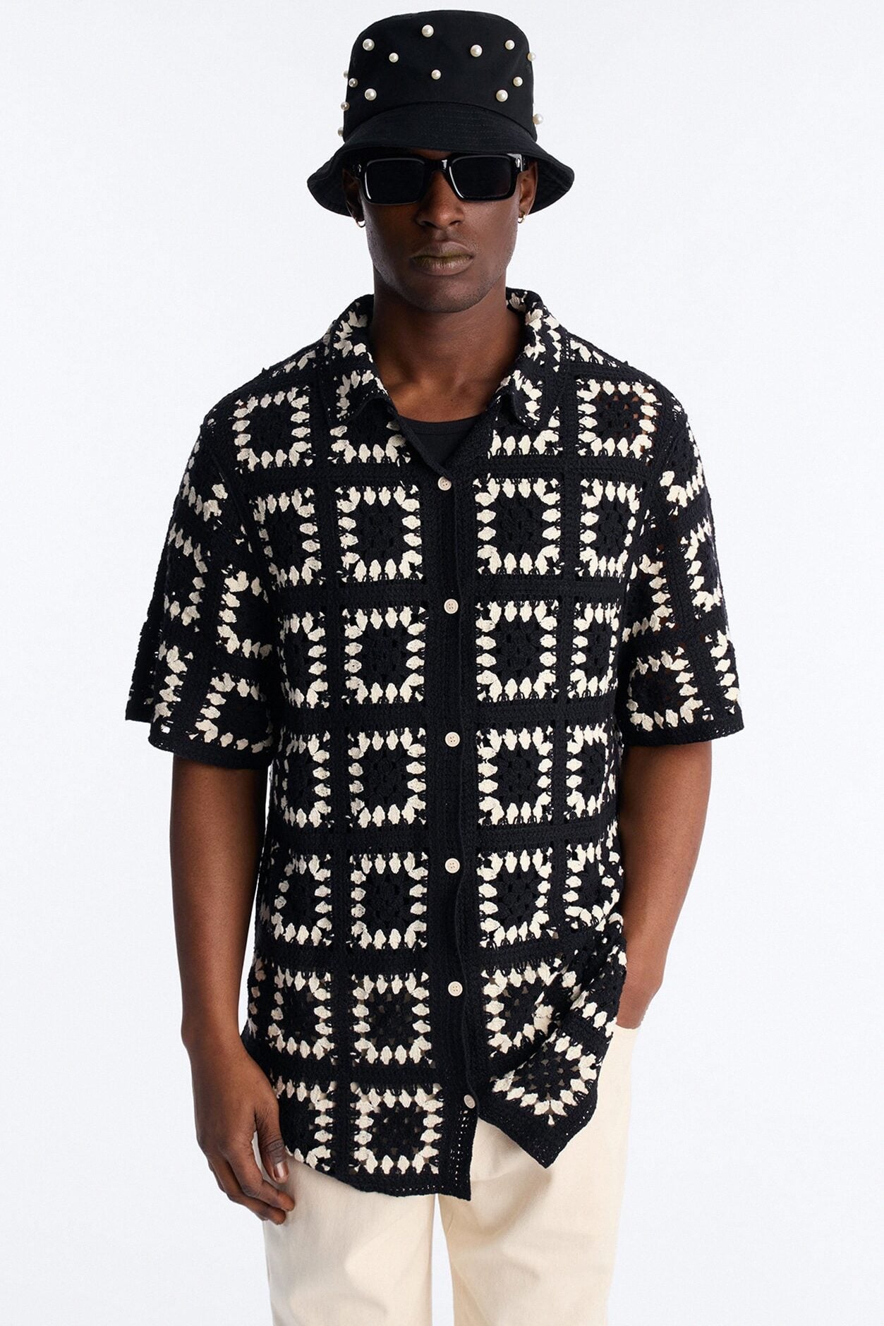 Coastal Crochet Button Up Shirt - Black image 2