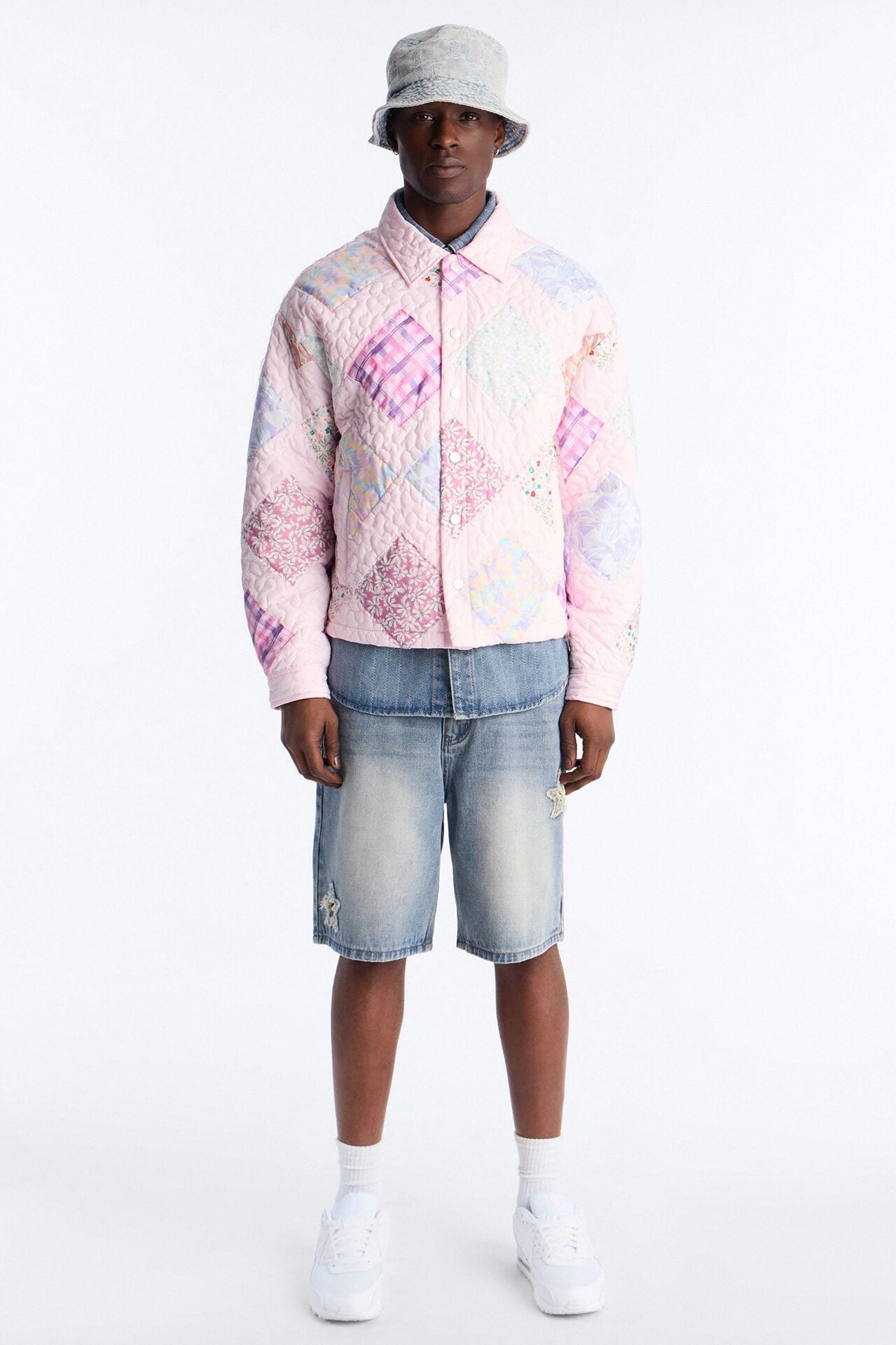 Cropped Quilted Frayed Patchwork Work Jacket - Pink image 2