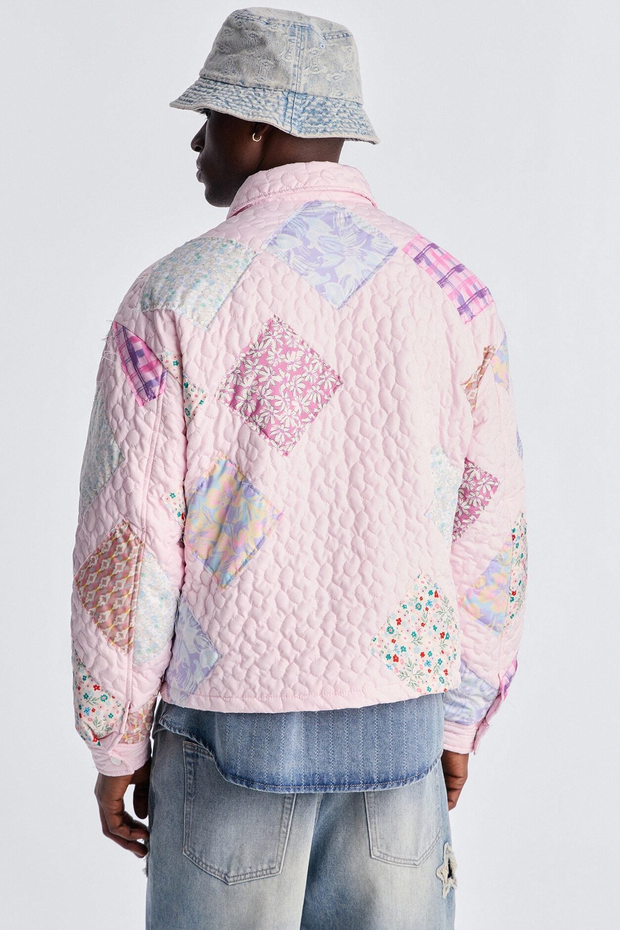 Cropped Quilted Frayed Patchwork Work Jacket - Pink image 5